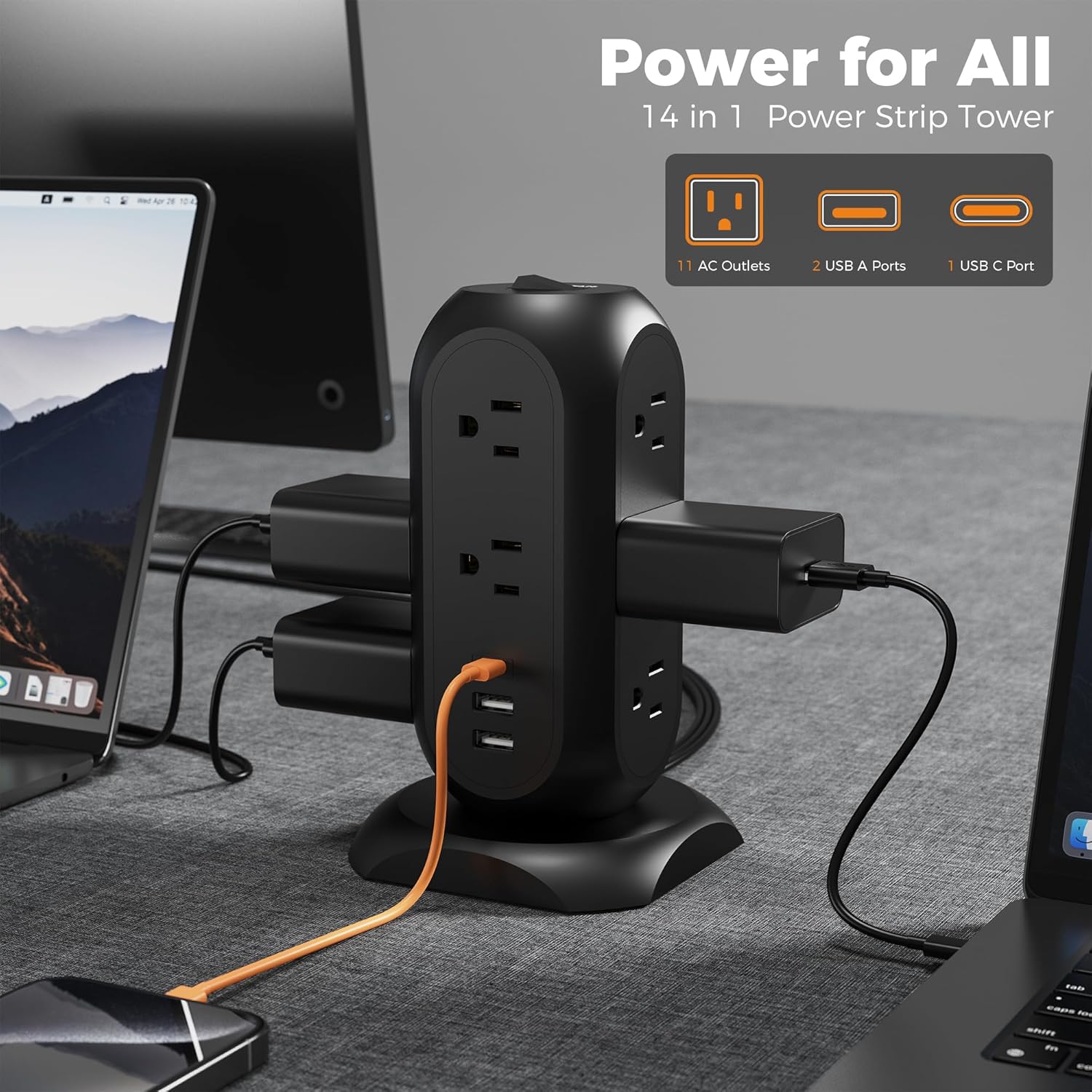 TESSAN Surge Protector Power Strip Tower with 3 USB Ports 11 Outlets, 6FT