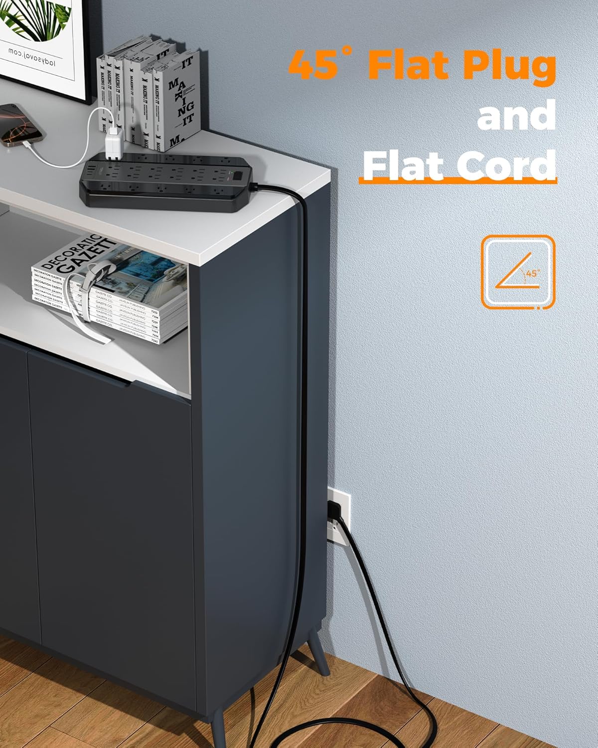 Tessan Flat Extension Cord Power Strip 22 Outlets Black