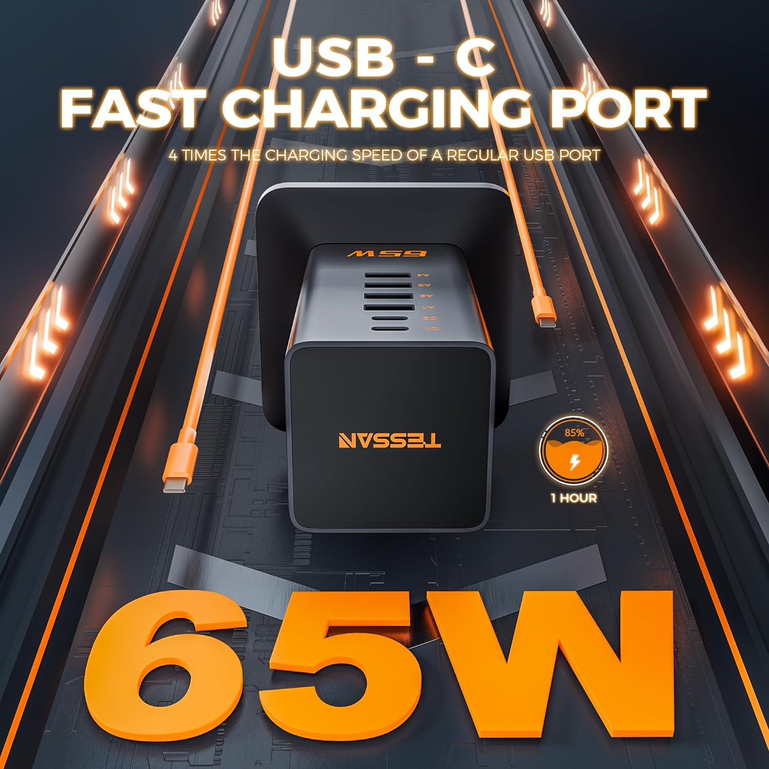 TESSAN 65W Desk Charging Station, 6 Port GaN USB Fast Charger Tower with 3 Outlets