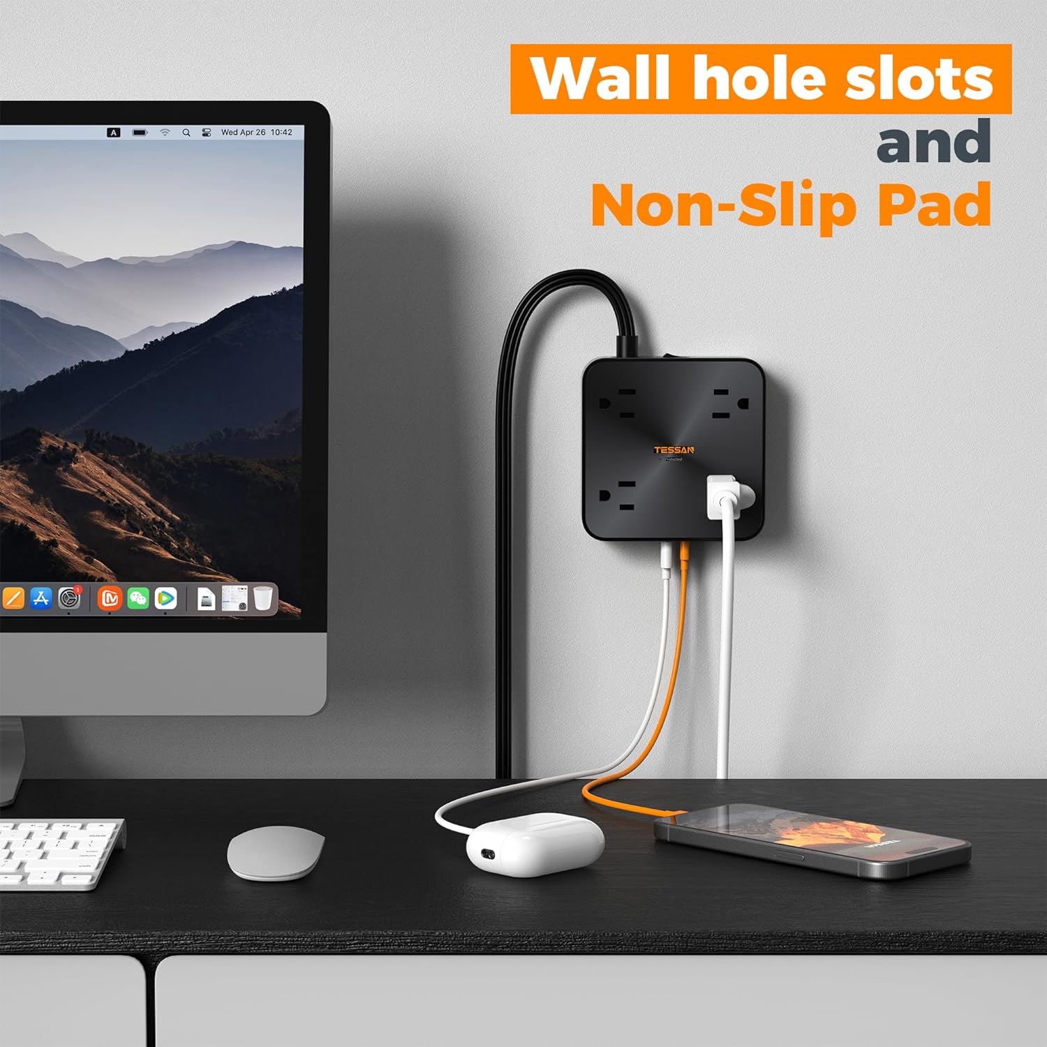 TESSAN Flat Plug Power Strip With USB Ports(2 USB A + 2 USB C), 30W Fast Charging, Surge Protection