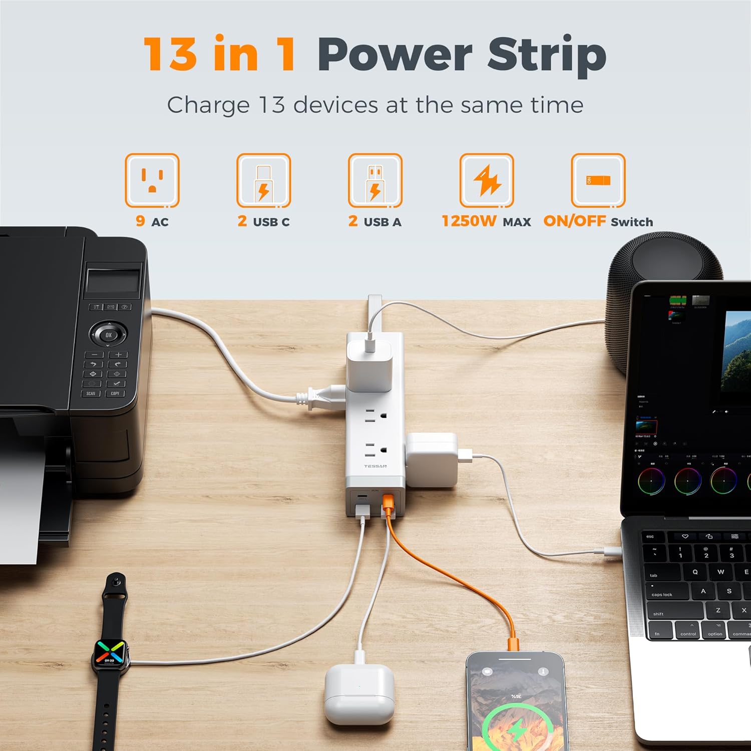 TESSAN 10 FT Surge Protector PD 20W PS09