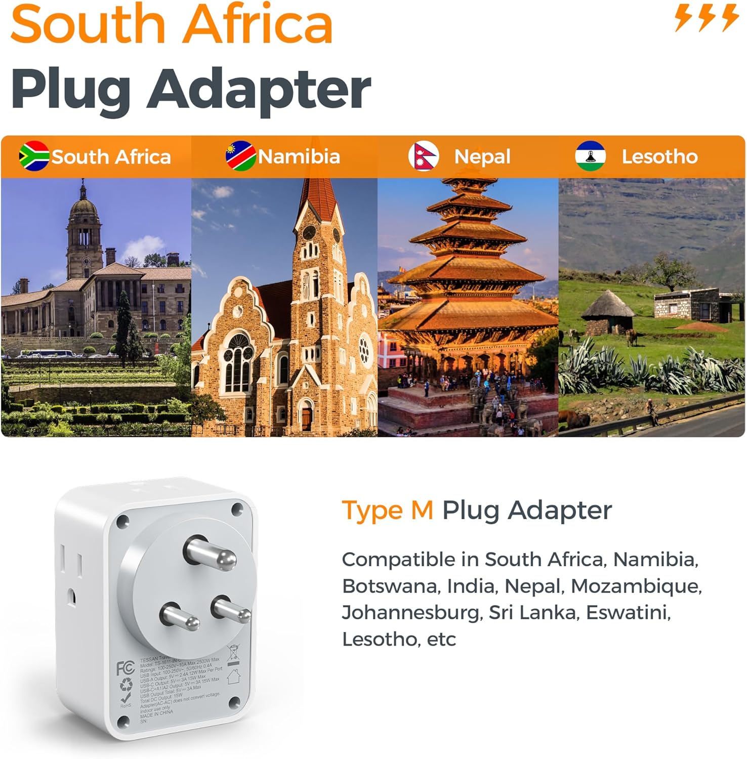 TESSAN South Africa Power Adapter with 4 AC Outlets 3 USB Ports