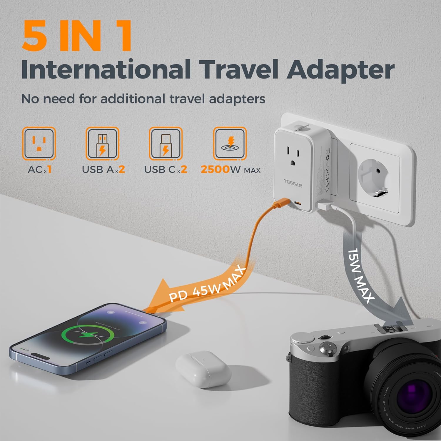 TESSAN Universal Travel Adapter PD 45W