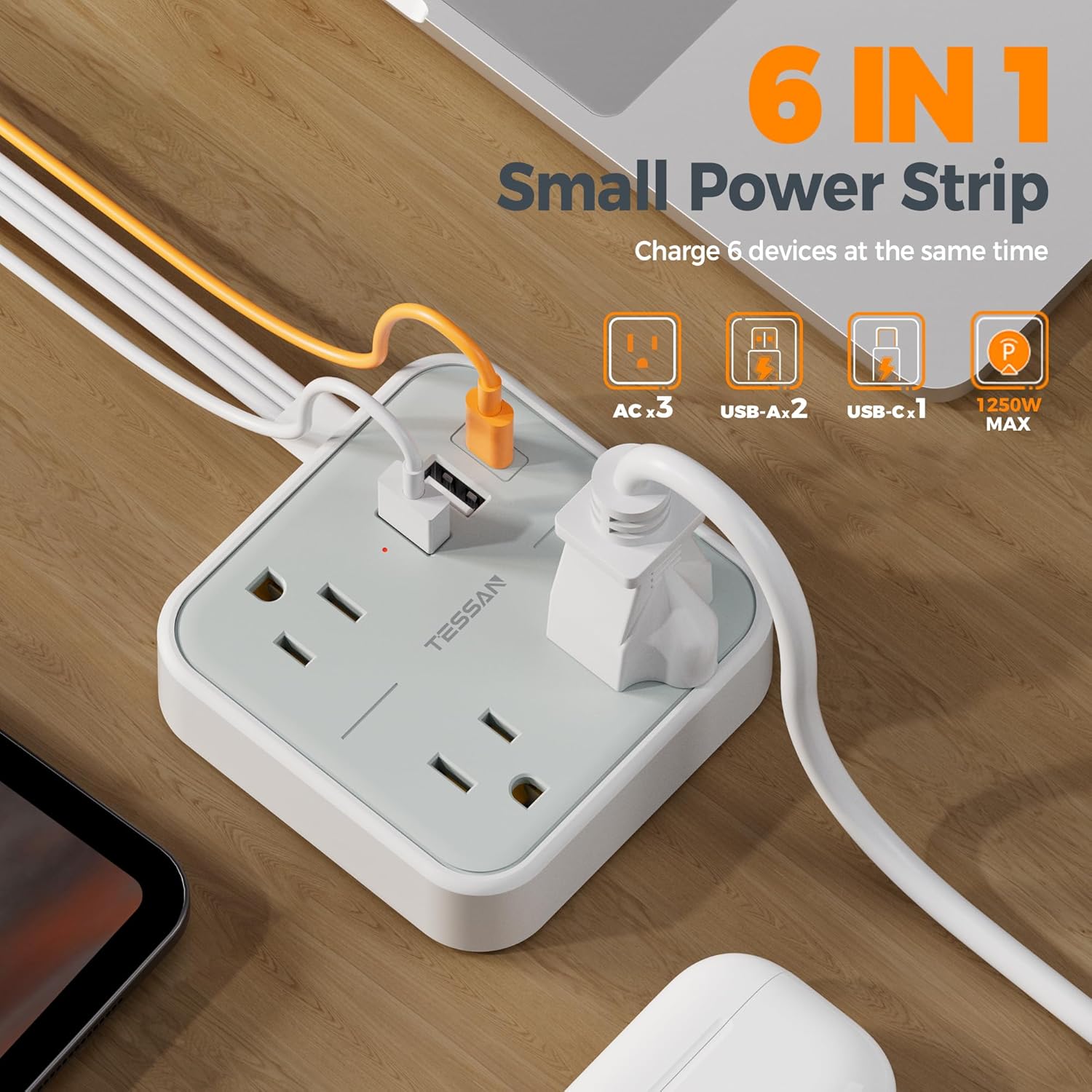(新)Tessan 15W Flat Plug Surge Protector Power Strip 103