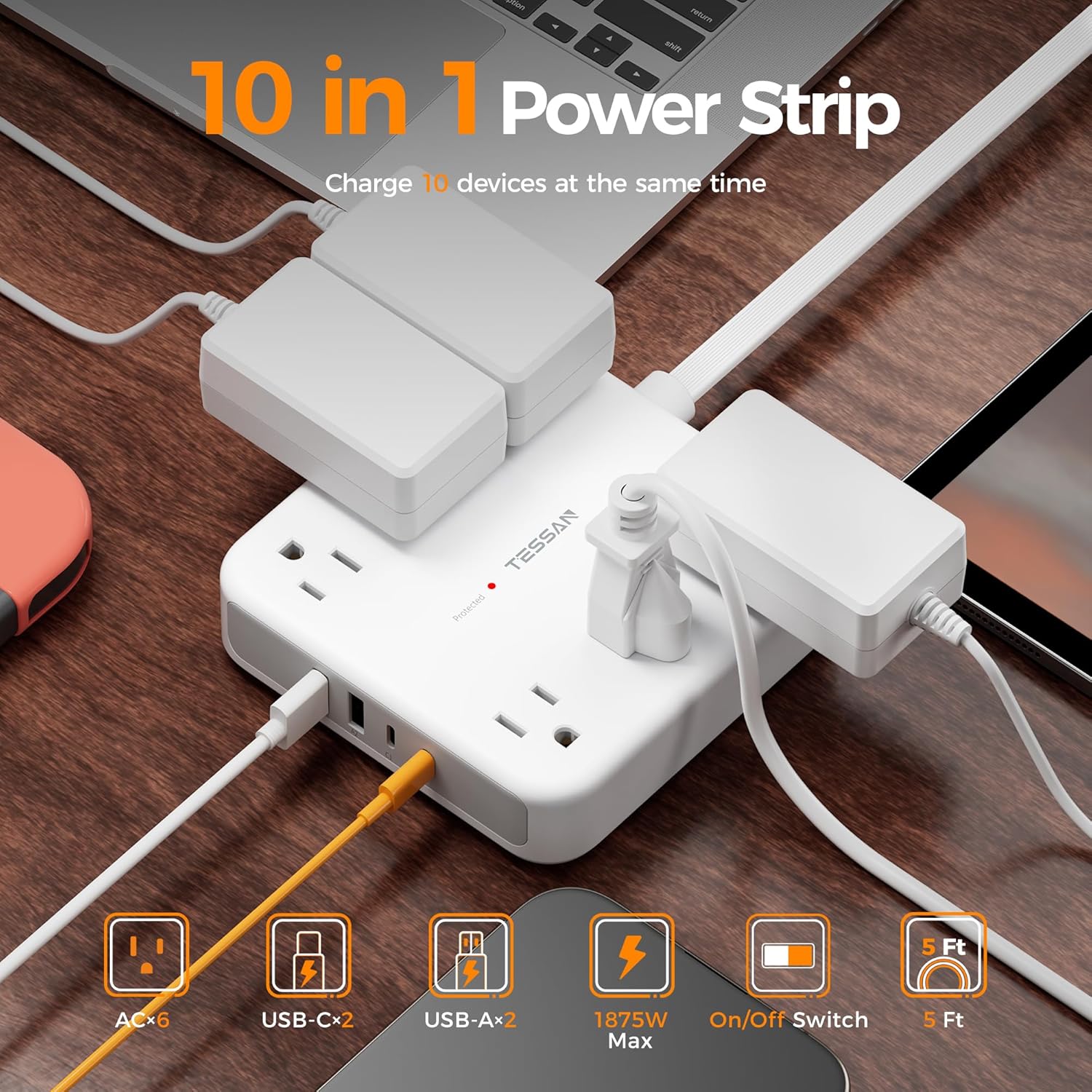 TESSAN 5 Ft Surge Protector Power Strip PS08