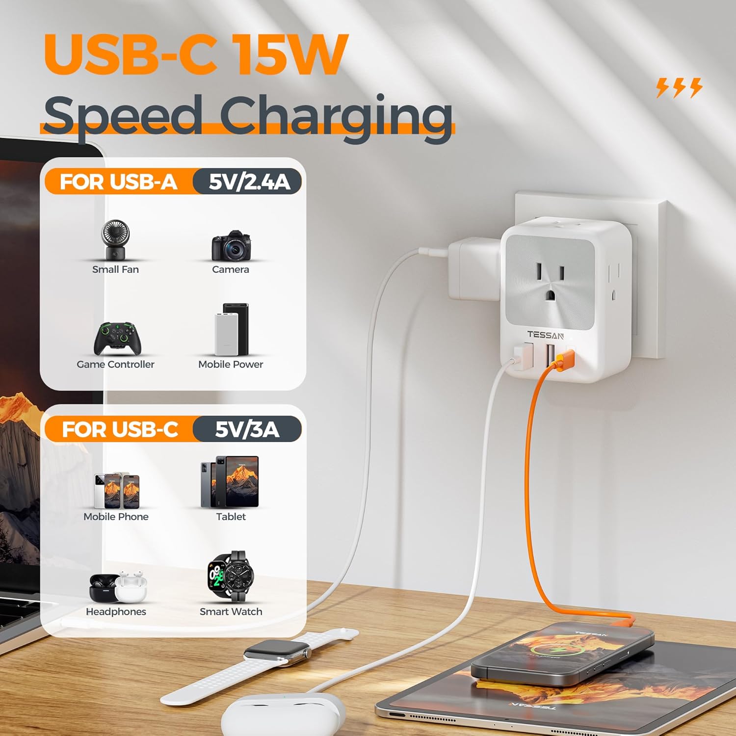 TESSAN South Africa Power Adapter with 4 AC Outlets 3 USB Ports