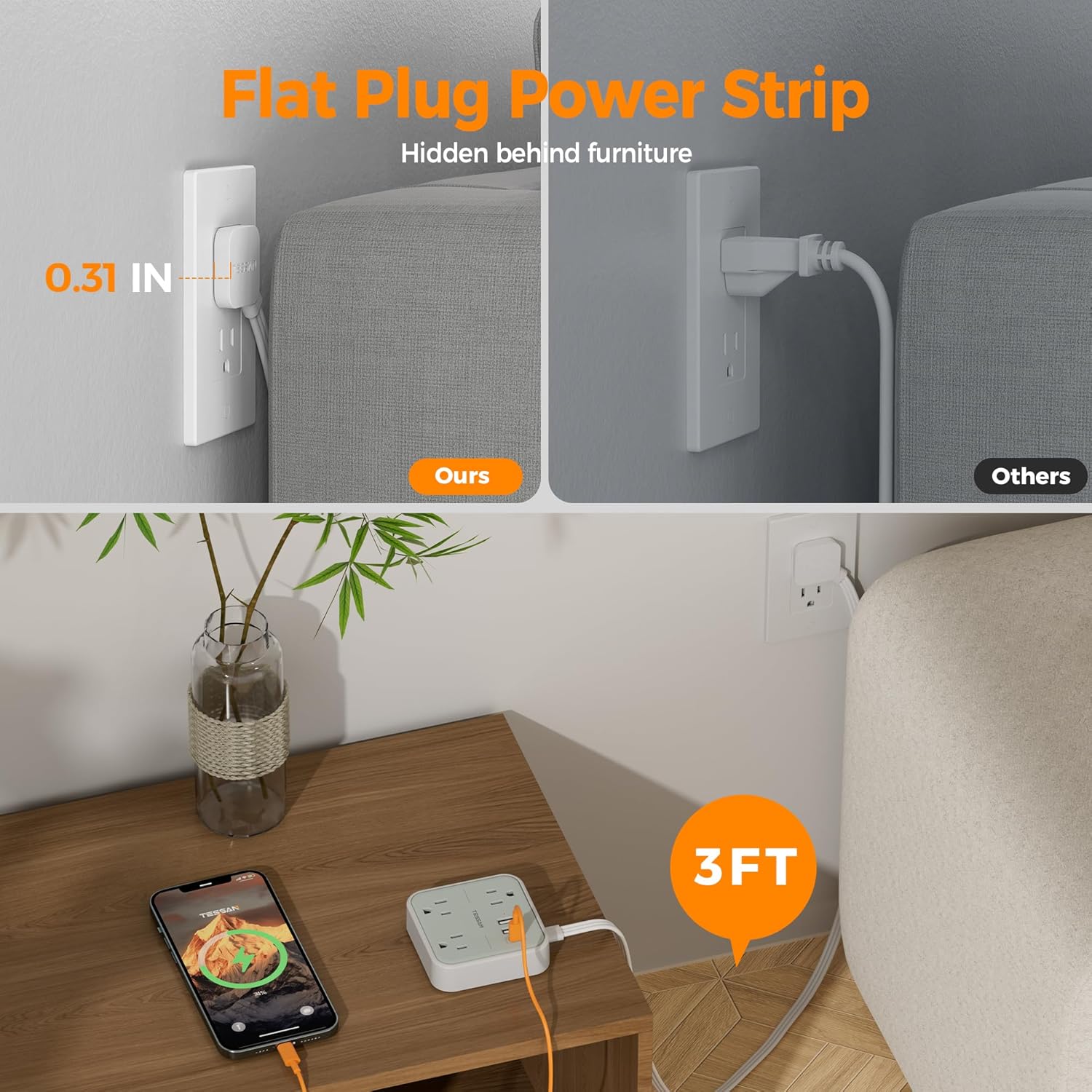 (新)Tessan 15W Flat Plug Surge Protector Power Strip 103