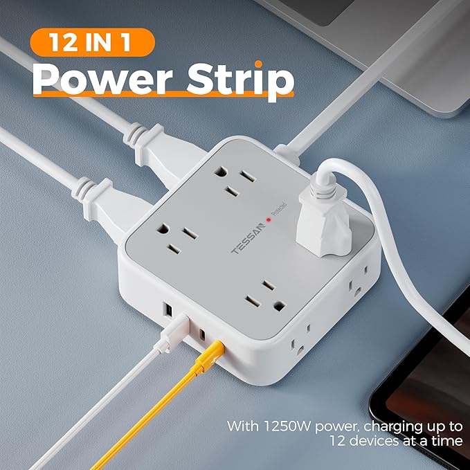Tessan Flat Extension Cord Surge Protector Power Strip 5 FT