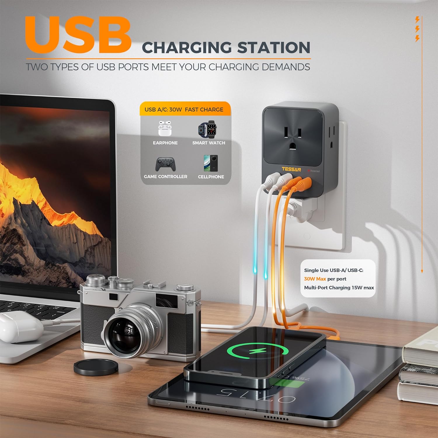 TESSAN Outlet Extender With USB Ports, Surge Protection, 30W Fast Charging