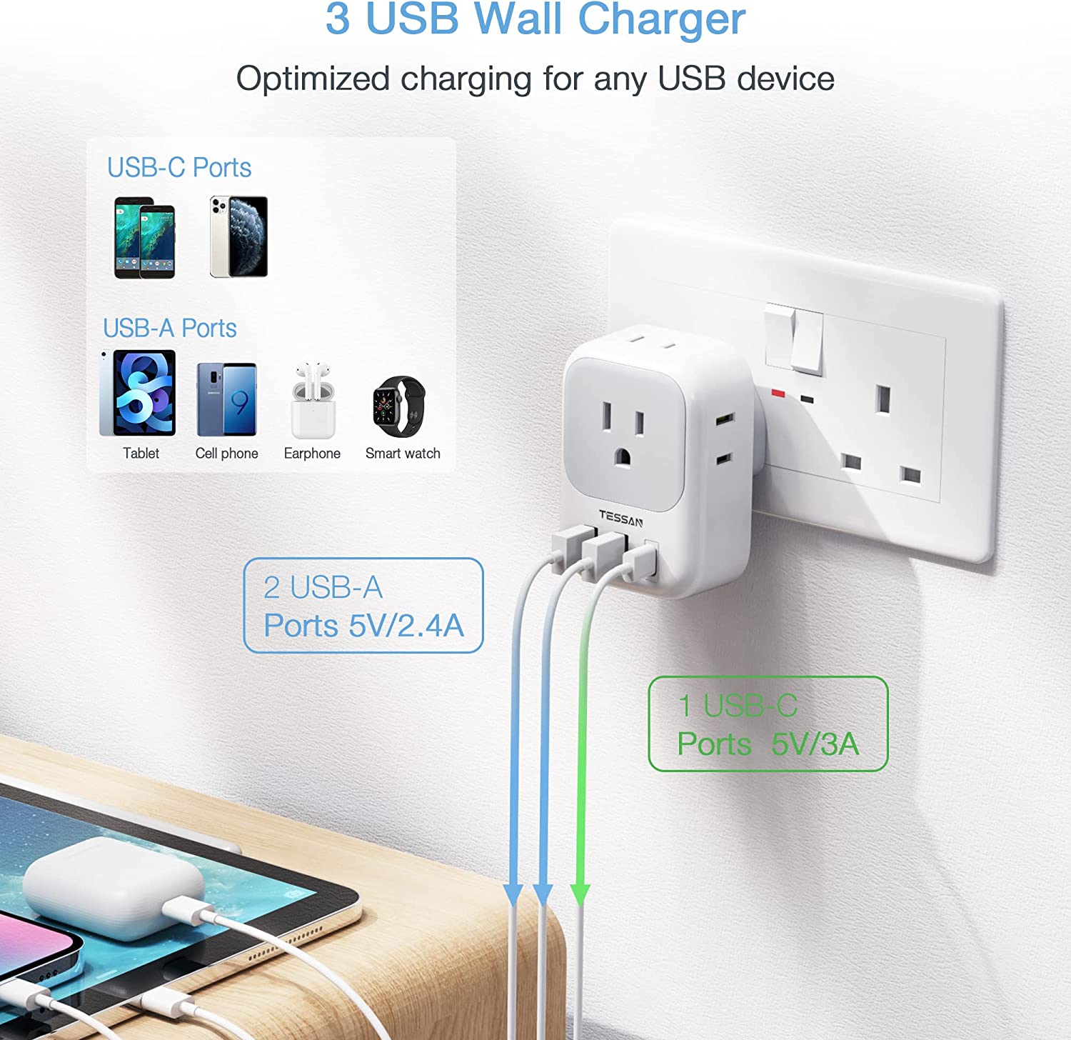 US to UK Plug Adapter 2 Pack, TESSAN Type G Adapter with 4 Outlets 3 USB Charger(1 USB C Port)