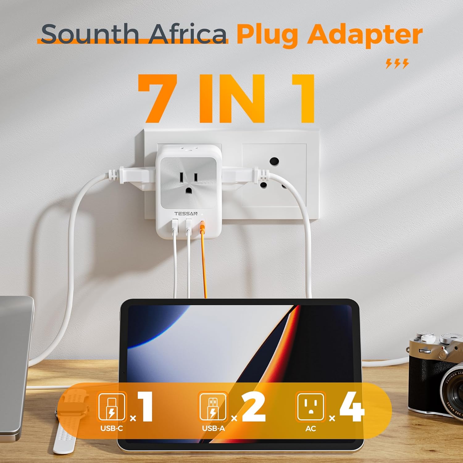TESSAN South Africa Power Adapter with 4 AC Outlets 3 USB Ports