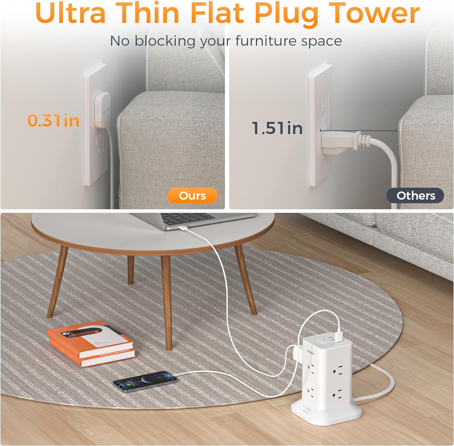 TESSAN Space-Saving Tower Strip With USB Ports, Surge Protection, Convenient ON/OFF Switch