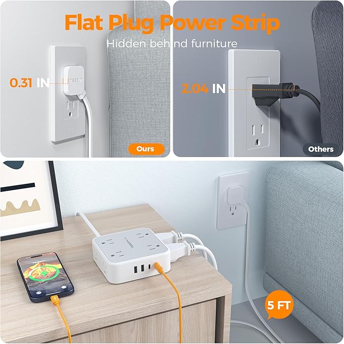 Tessan Flat Extension Cord Surge Protector Power Strip 5 FT