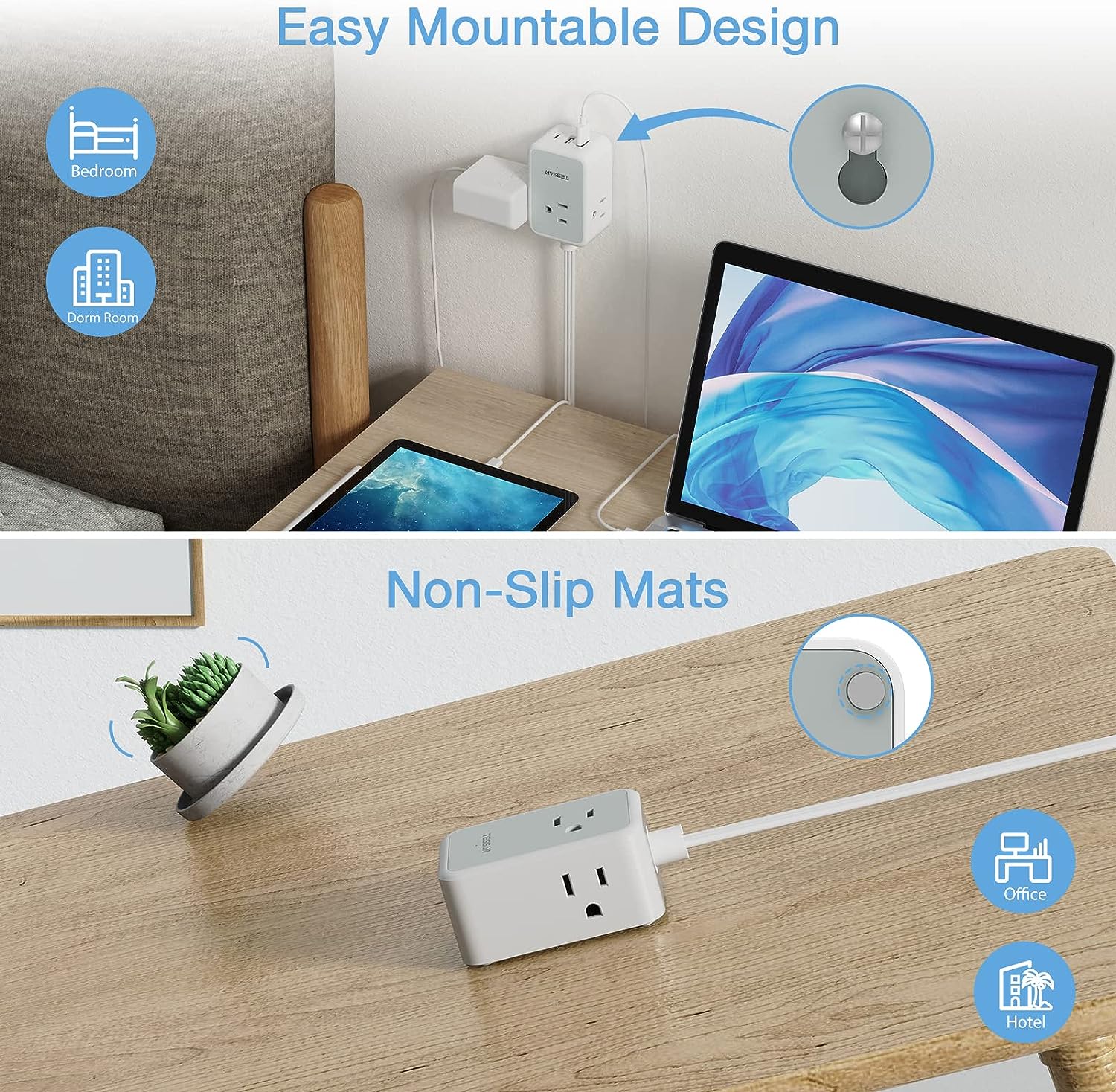 TESSAN Ultra Thin Extension Cord with 3 USB Wall Charger (1 USB C)