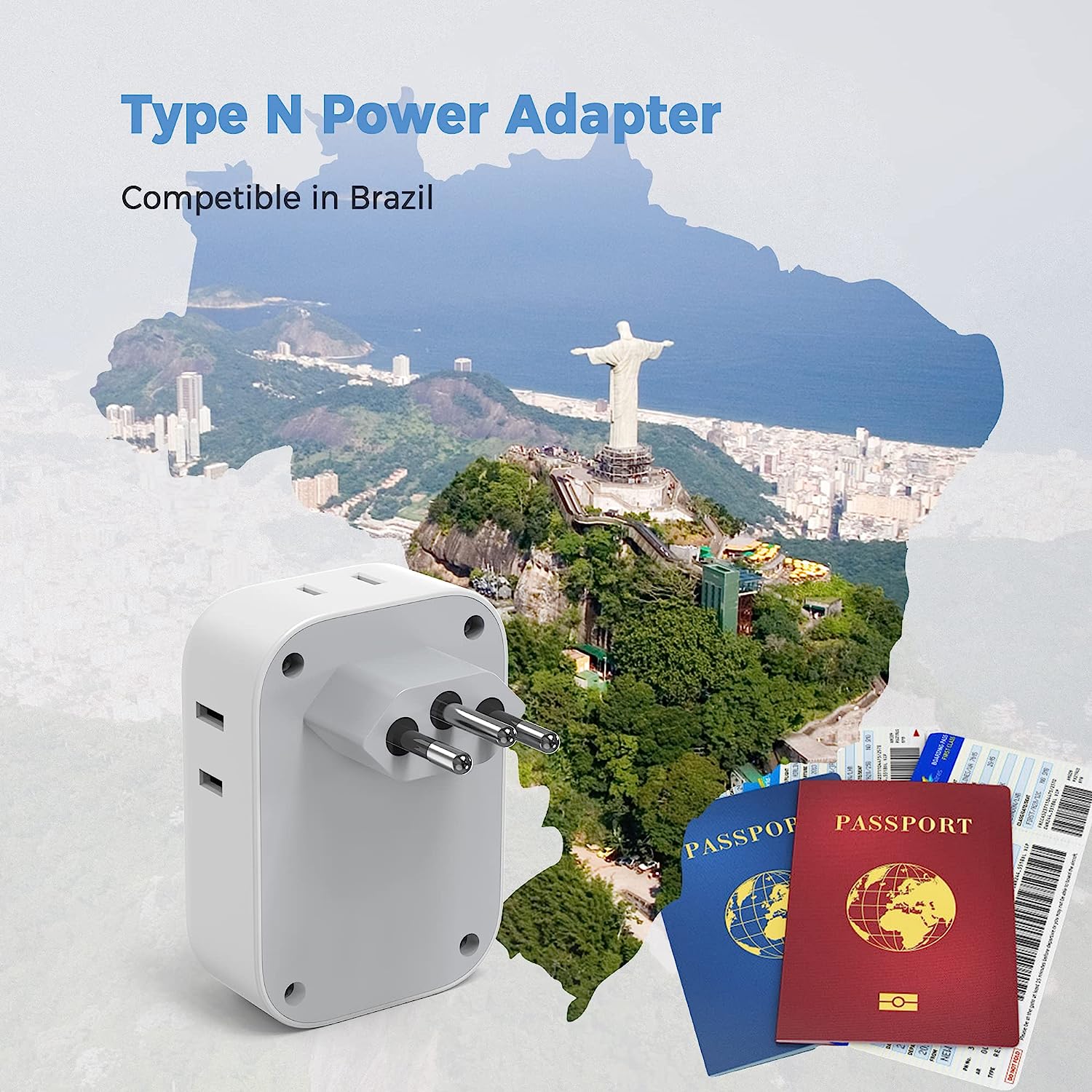 TESSAN US to Brazil Travel Plug with 4 American Outlets 3 USB Charger (1 USB C Port)