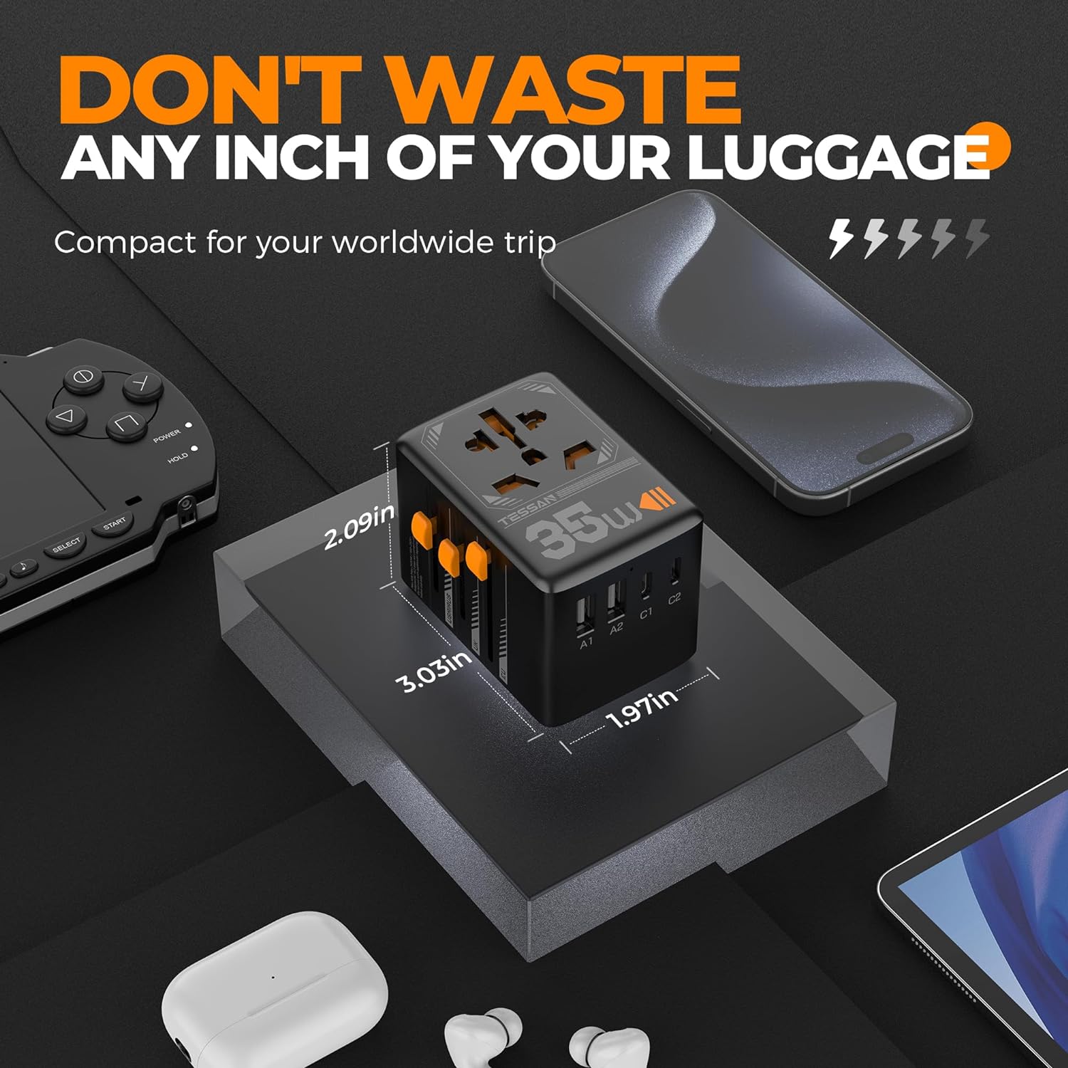 TESSAN Universal Travel Adapter With USB Ports, GaN Fast Charging (Type C/G/A/I)