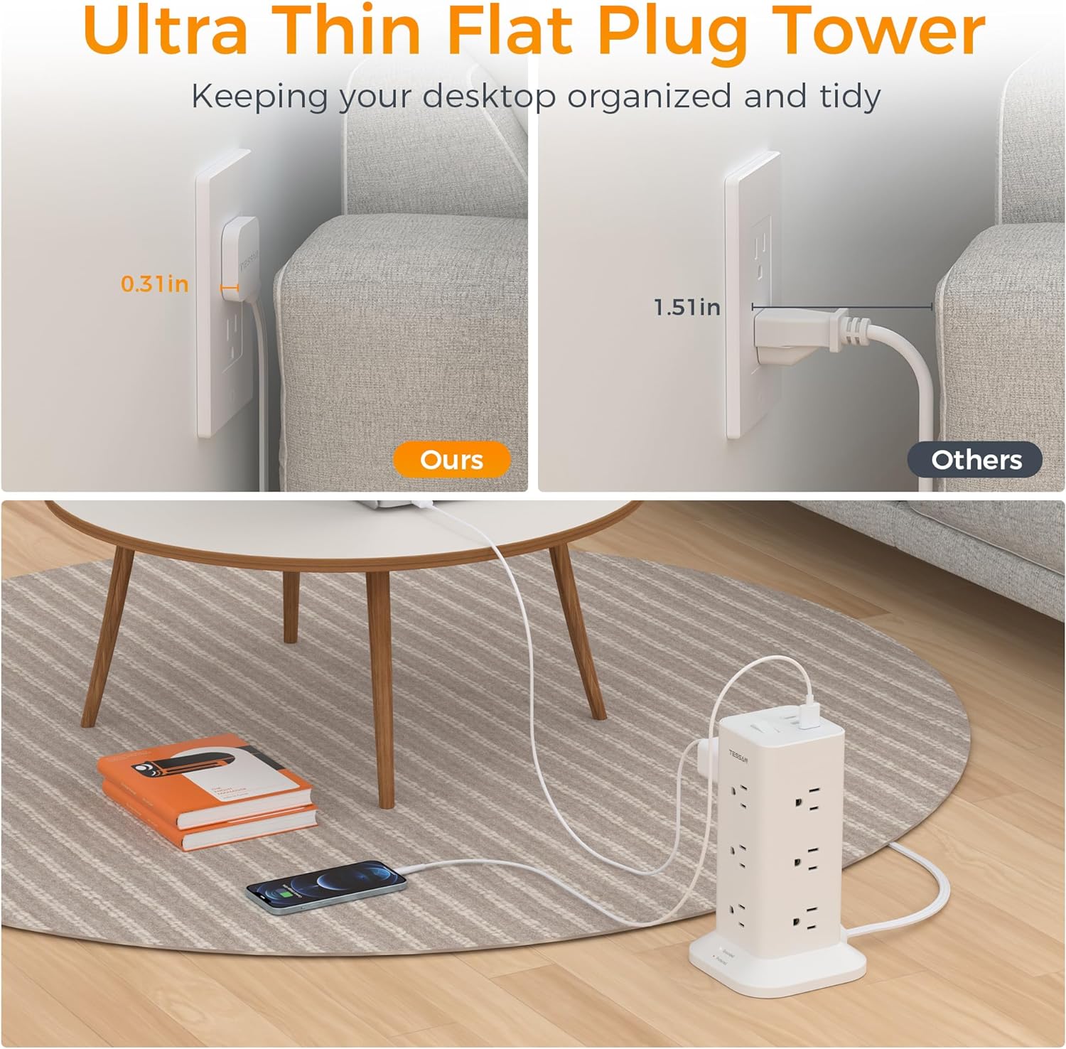 TESSAN Flat Plug Tower Strip With USB Ports (12 AC + 2 USB A + 1 USB C), Extended Flat Cord, Surge Protection
