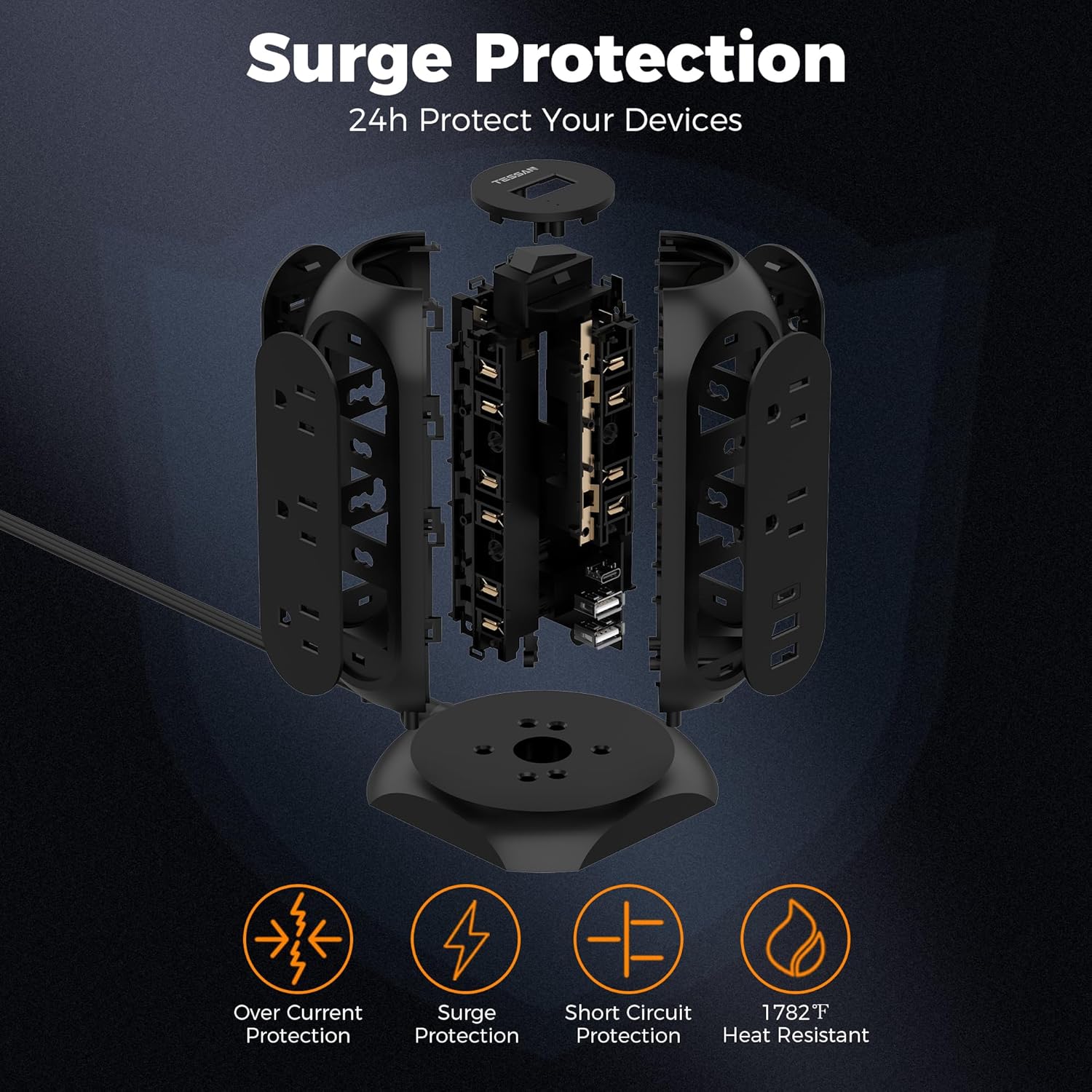 TESSAN Surge Protector Power Strip Tower with 3 USB Ports 11 Outlets, 6FT