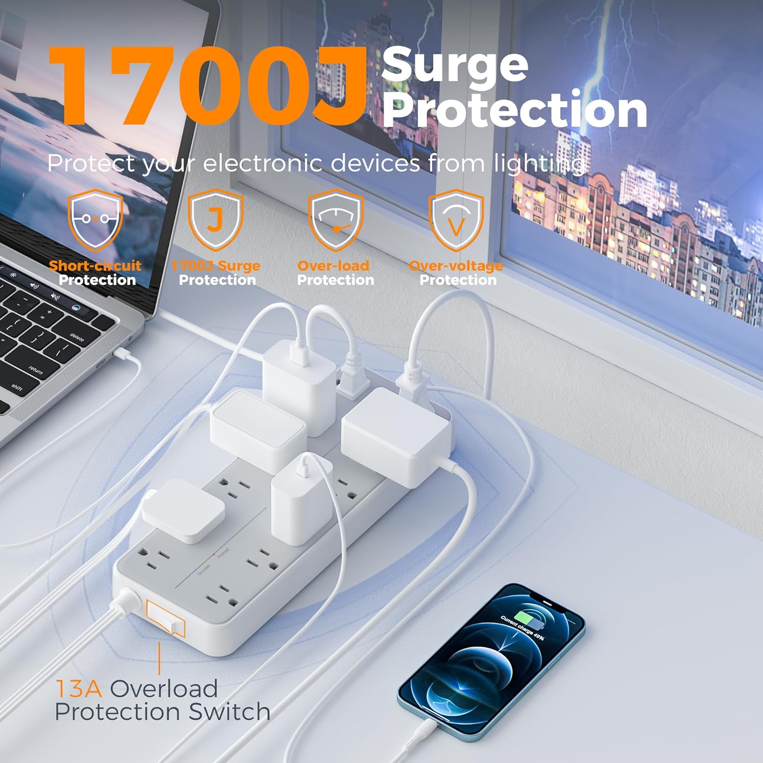 Tessan 15W Surge Protector Power Strip 5Ft