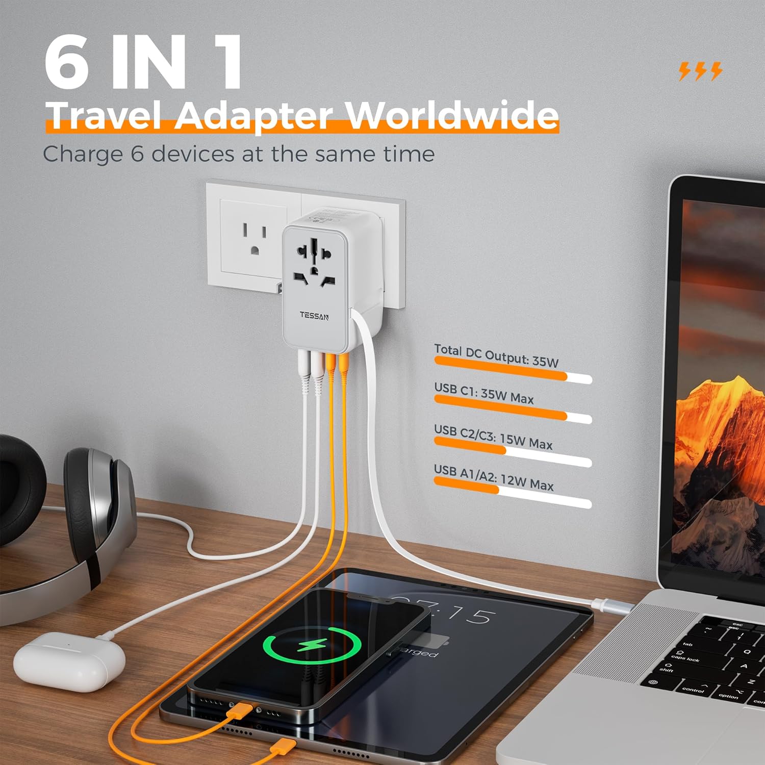 Tessan Universal Travel Adapter with USB-C Cable