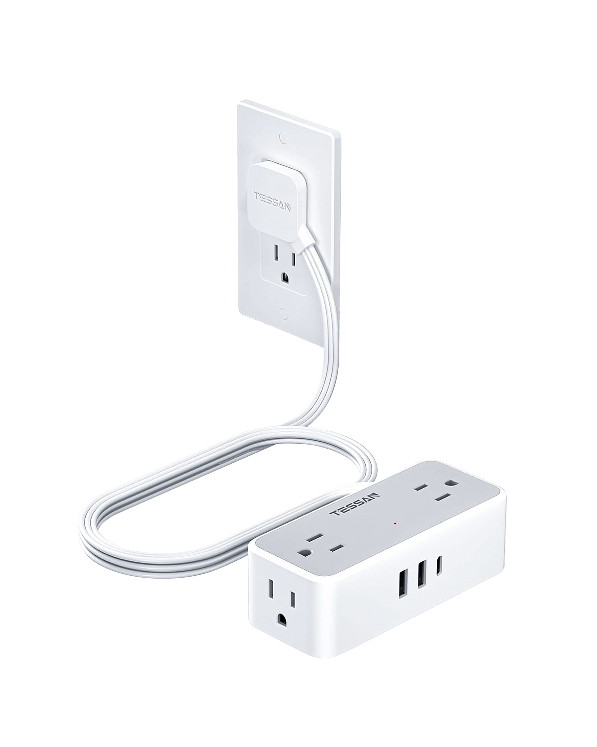 TESSAN 4 Outlets Ultra Thin Flat Plug Power Strip, 3 USB Wall Charger (1 USB C Port), Small Flat Extension Cord