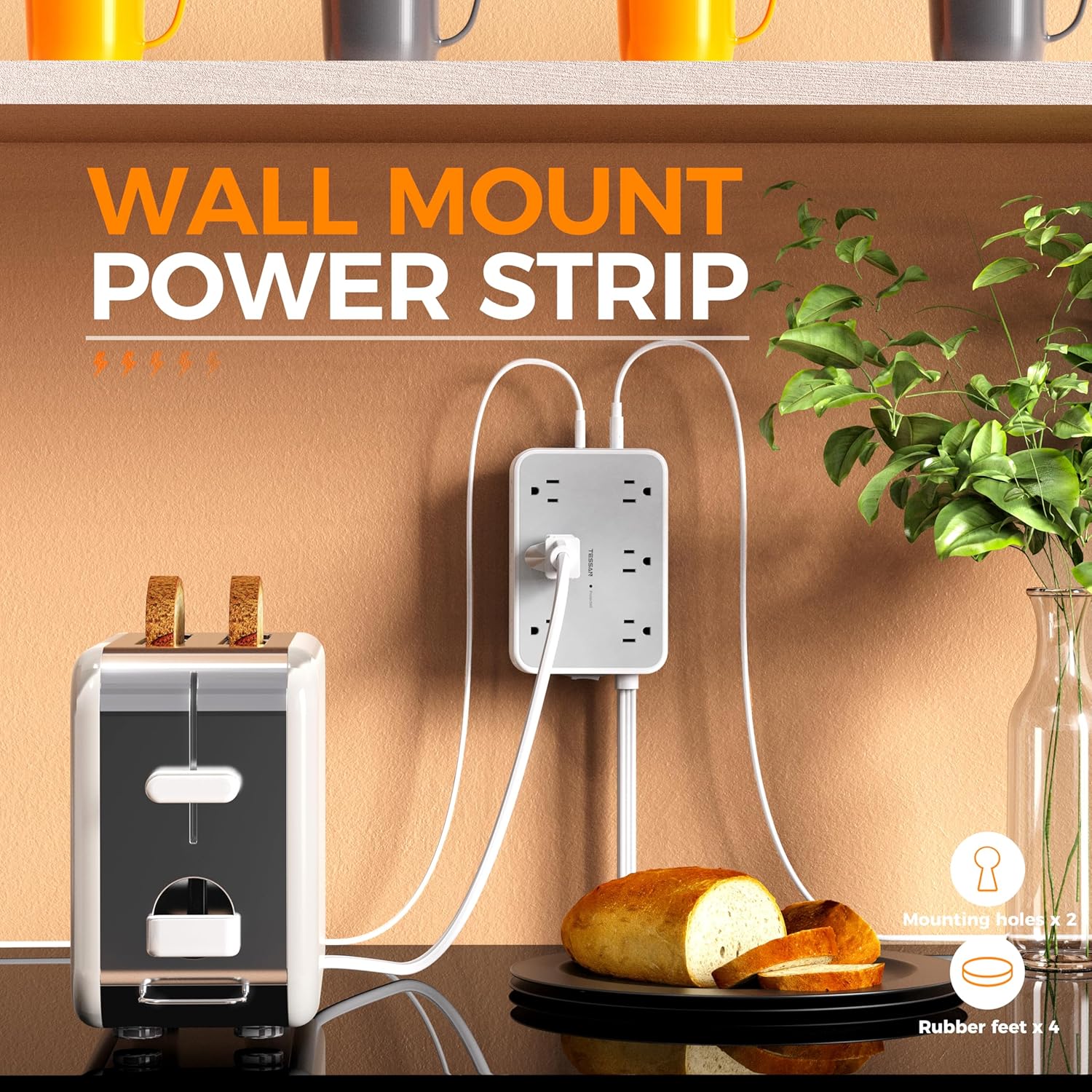 Tessan Flat Extension Cord Surge Protector Power Strip PS02