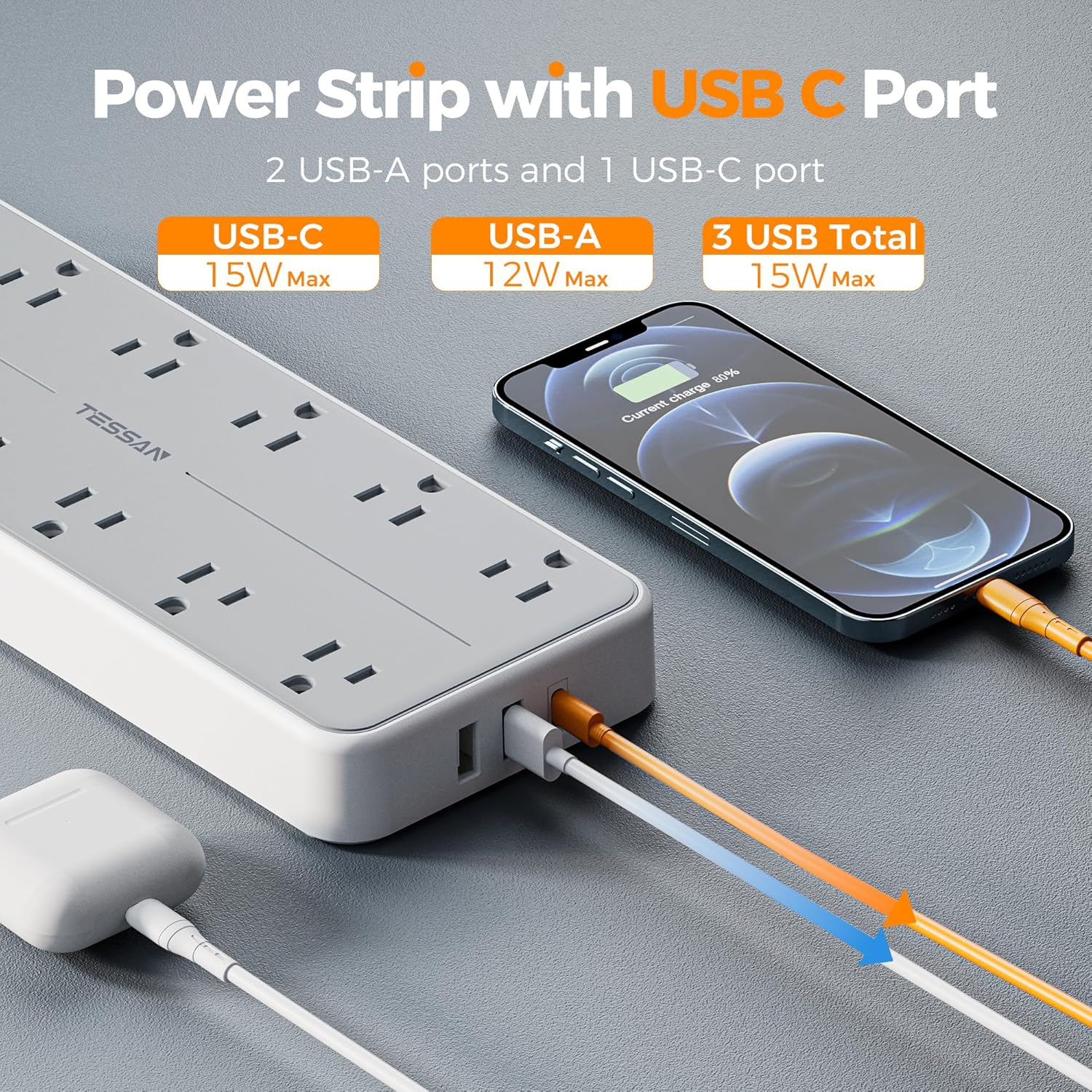 Tessan 15W Surge Protector Power Strip 5Ft