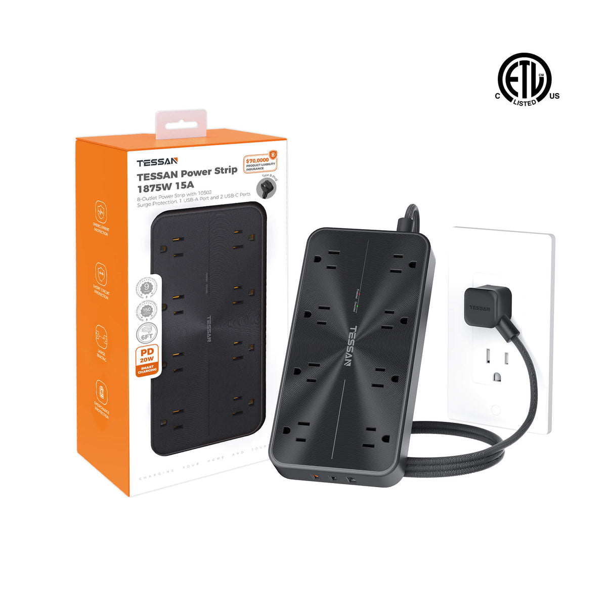 TESSAN 11-in-1 Surge Protector with PD 20W - cETLus Certified