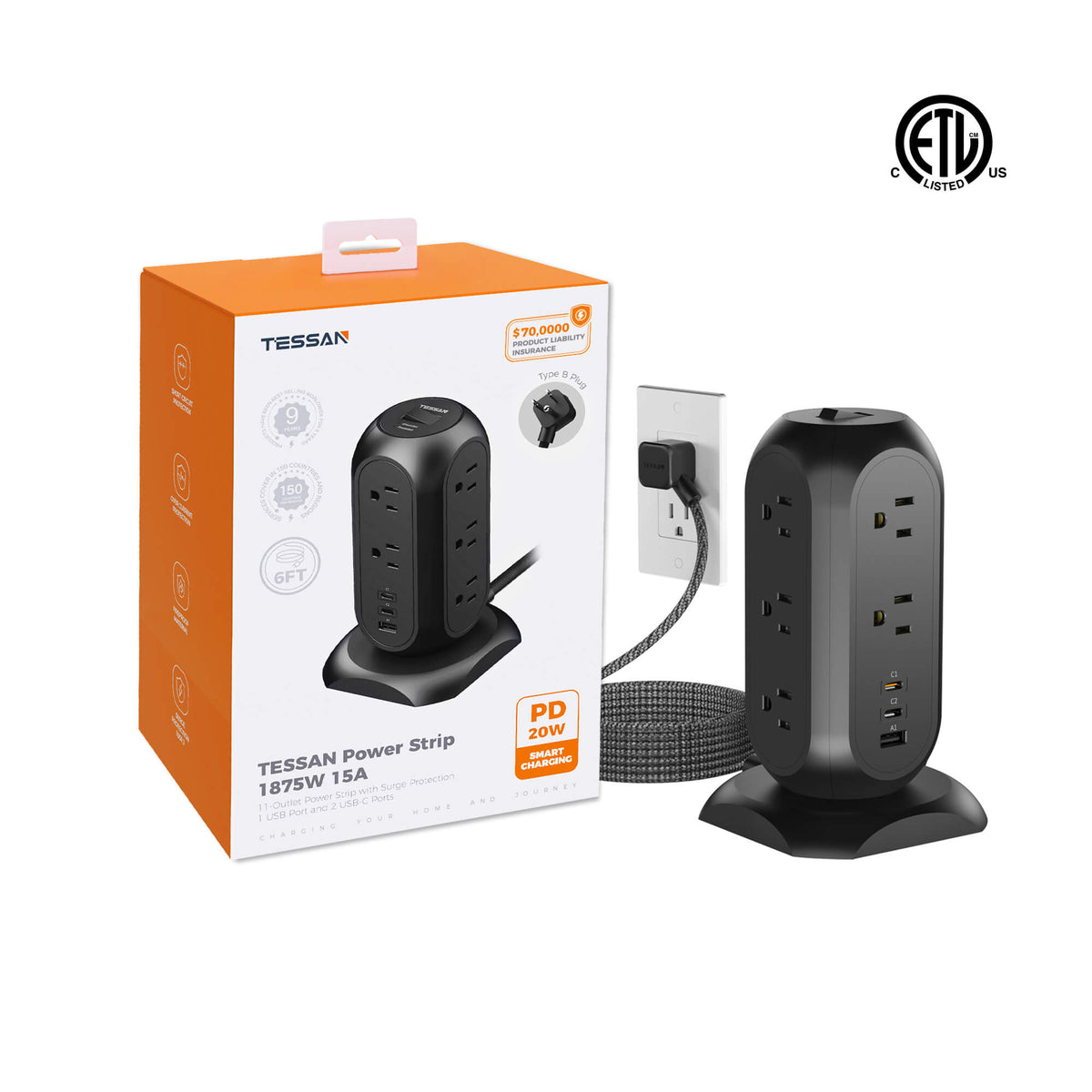 TESSAN 14-in-1 Tower Power Strip with USB-C Fast Charging - cETLus Certified