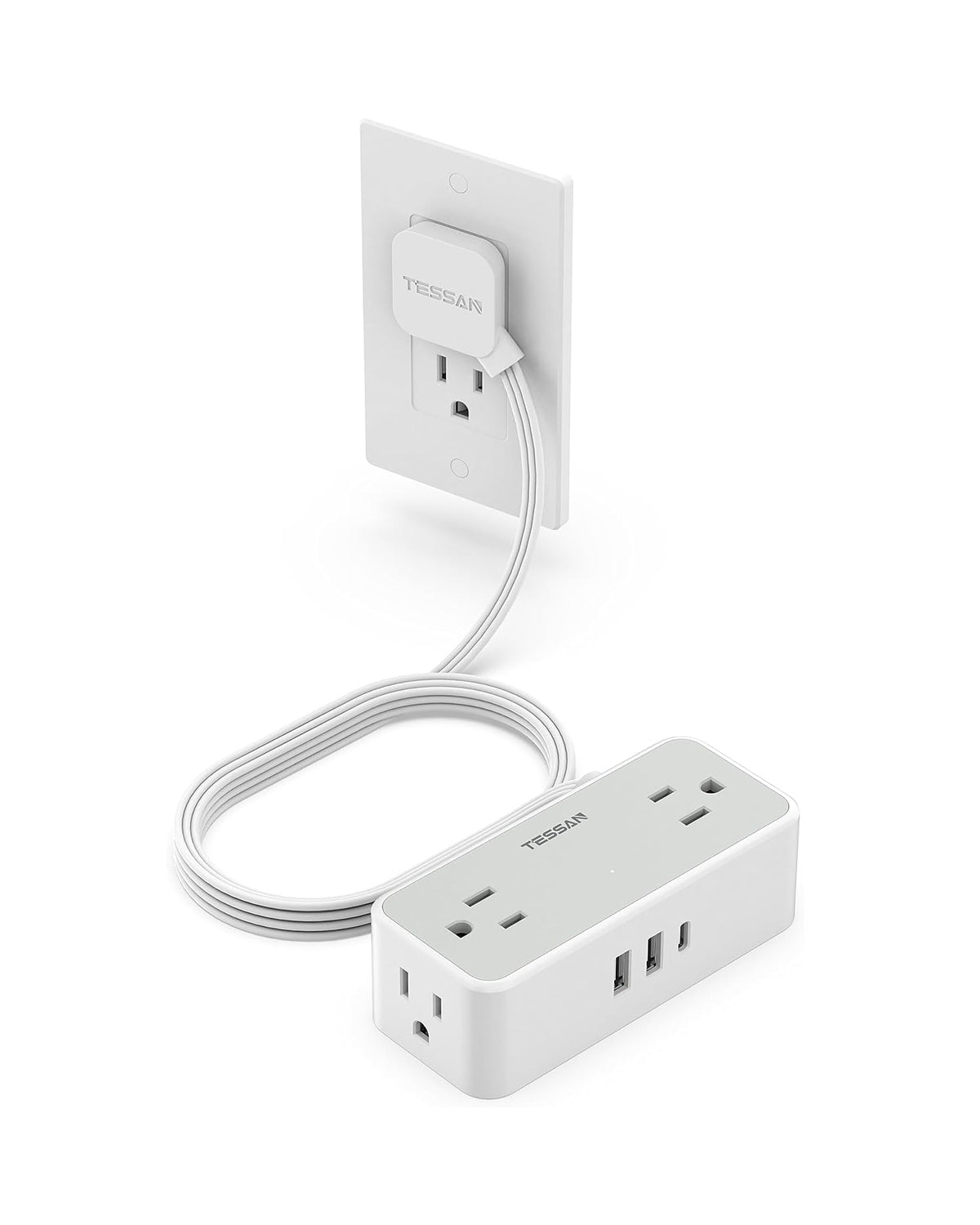 TESSAN 4 Outlets Ultra Thin Flat Plug Power Strip, 3 USB Wall Charger (1 USB C Port), Small Flat Extension Cord