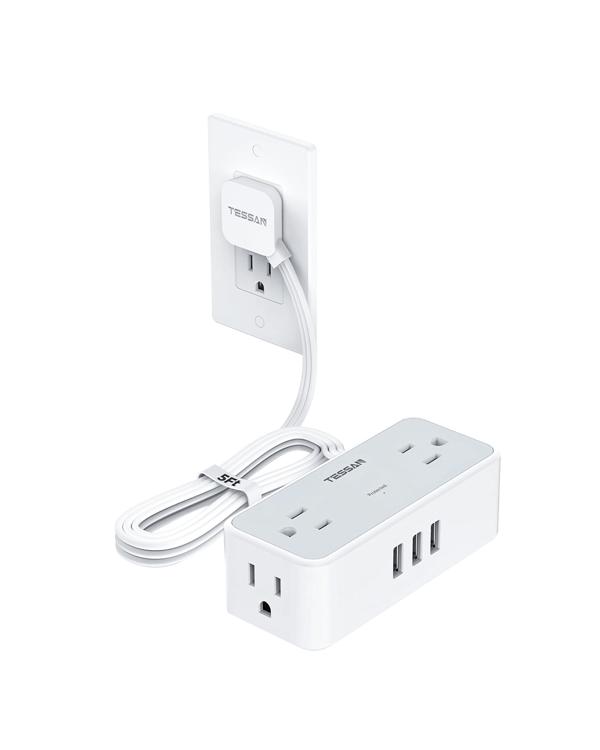 TESSAN Surge Protector Flat Plug Power Strip 4 Wide Spaced AC Outlets 3 USB, Ultra Thin 5FT Flat Extension Cord