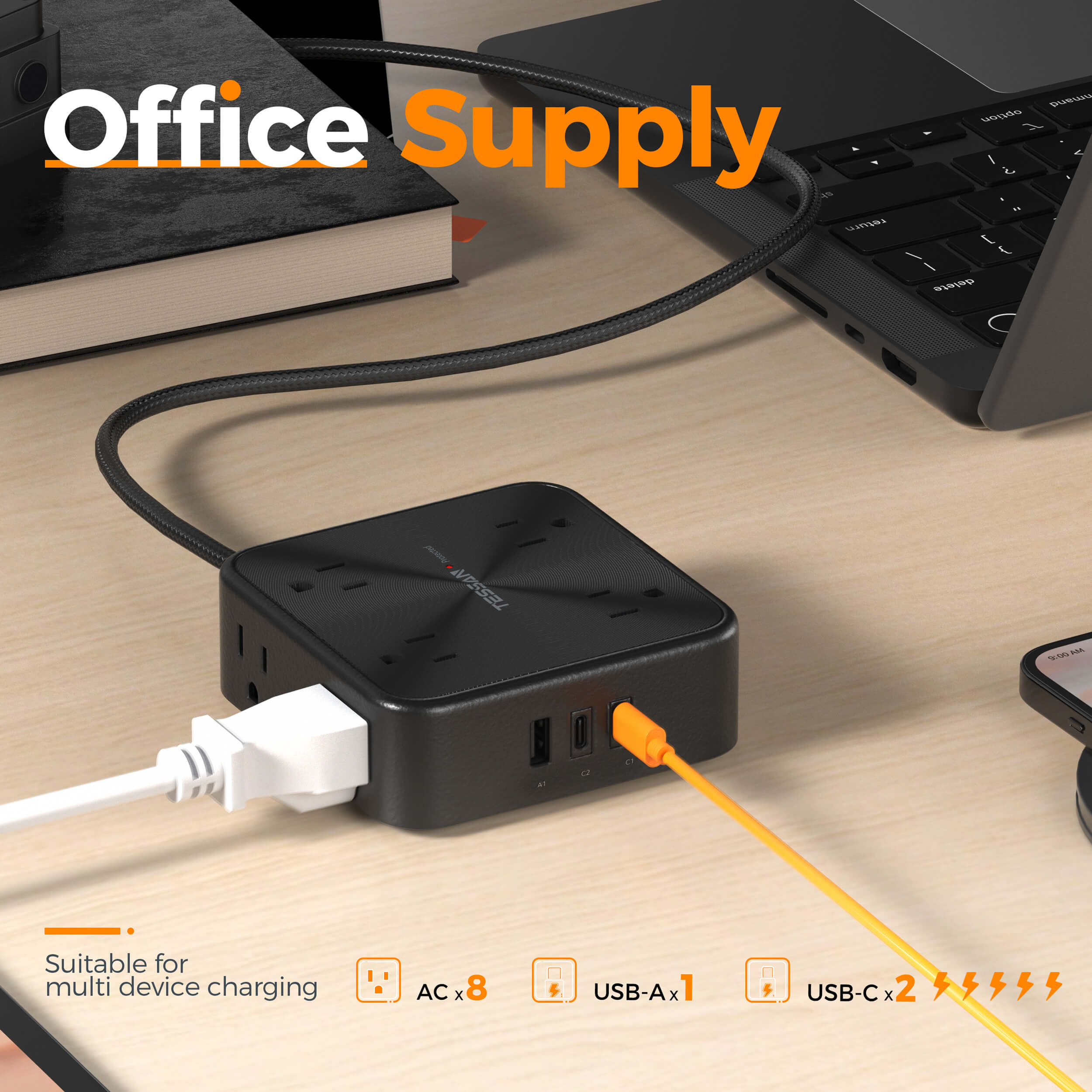TESSAN Power Strip with USB-C & 6FT Braided Cord