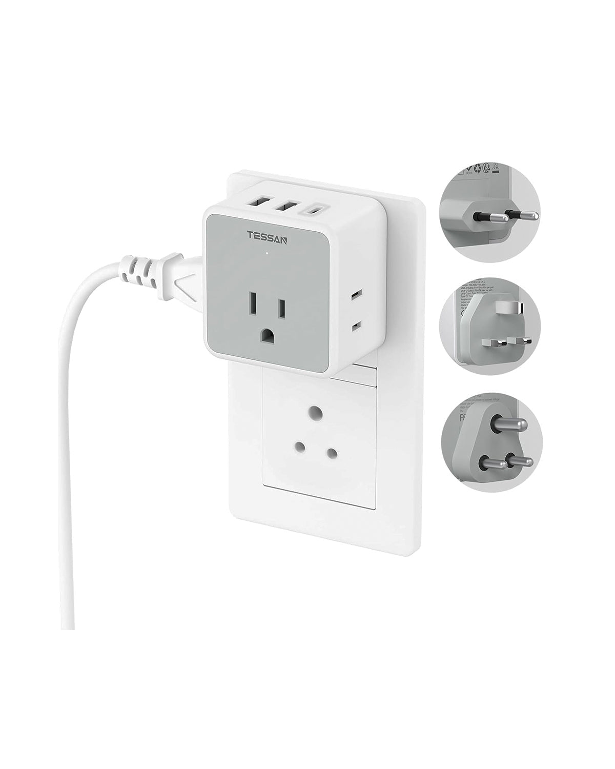 TESSAN European UK India Travel Plug Adapter Kit with 3 Outlet 3 USB(1 USB C)