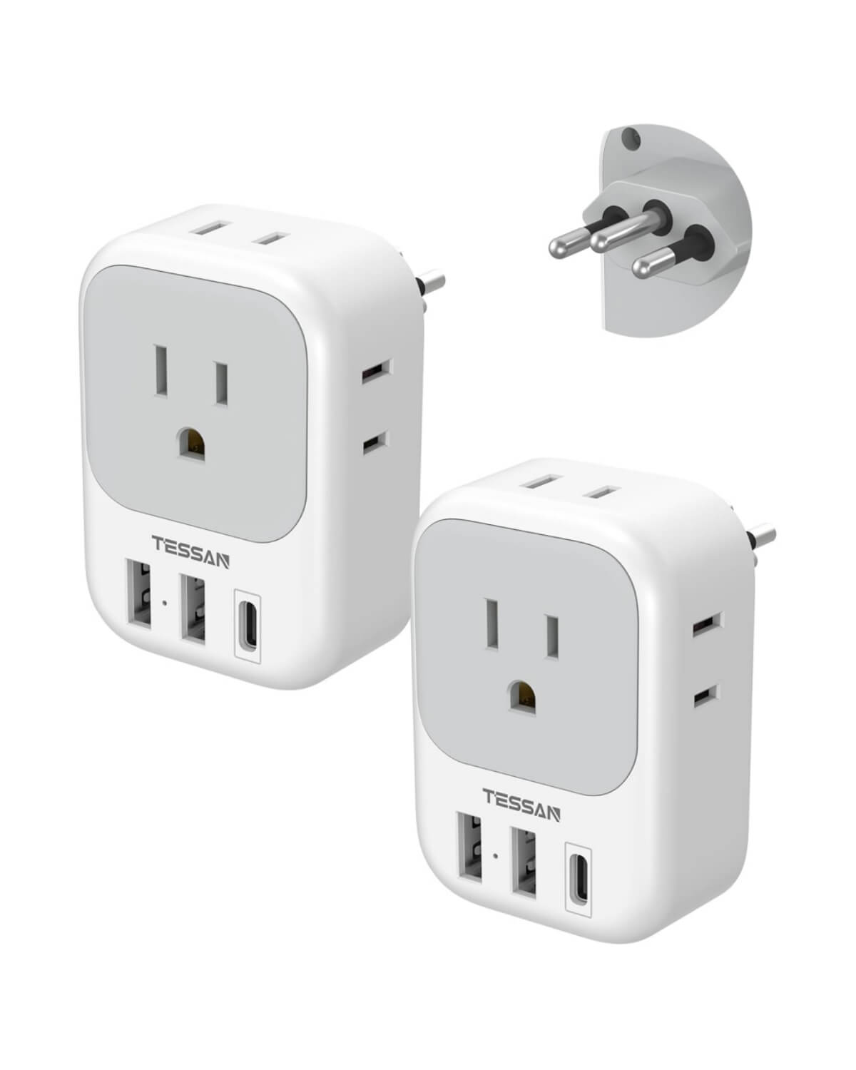 TESSAN US to Brazil Travel Plug with 4 American Outlets 3 USB Charger (1 USB C Port)