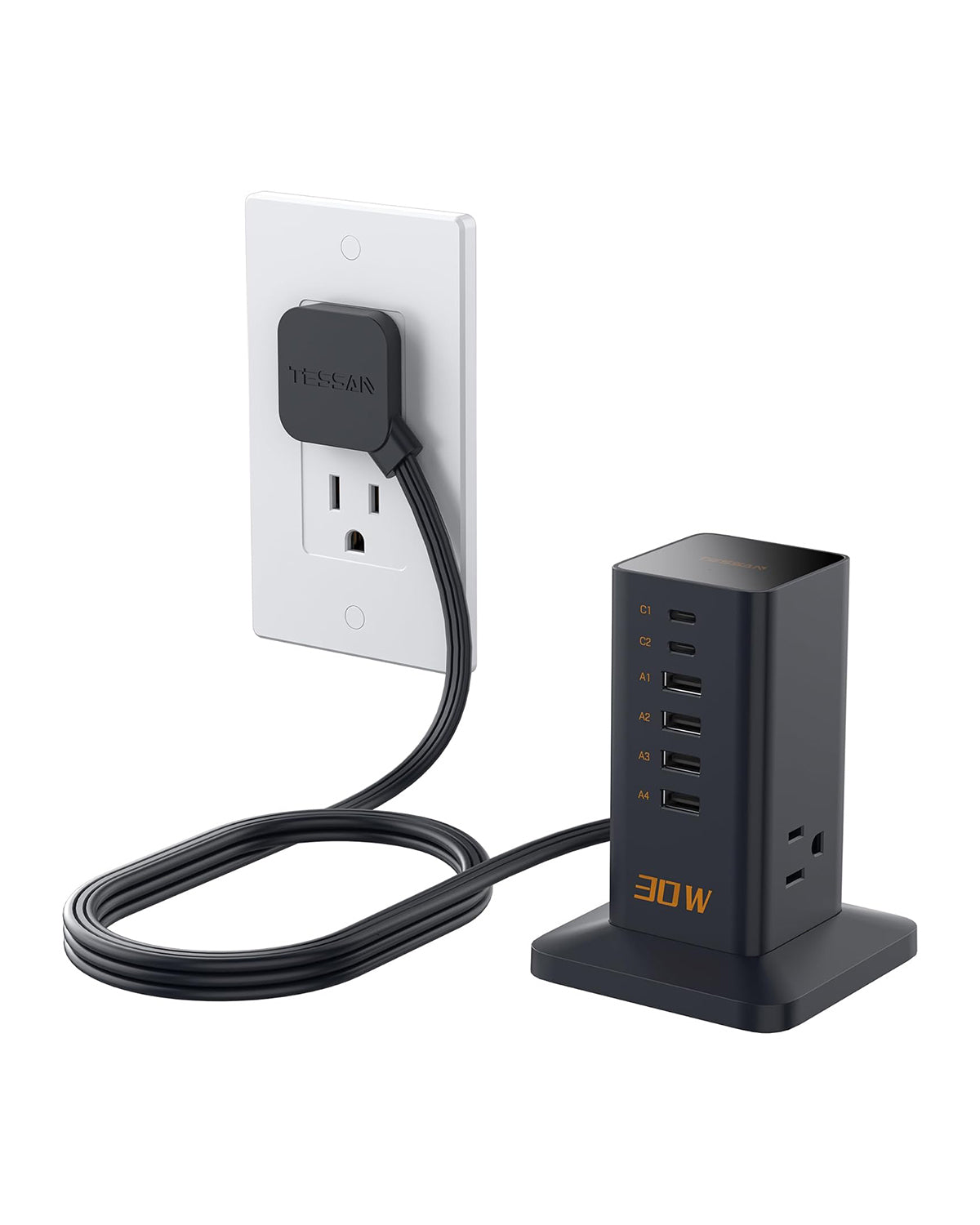 TESSAN 65W Desk Charging Station, 6 Port GaN USB Fast Charger Block Tower with 3 Outlets