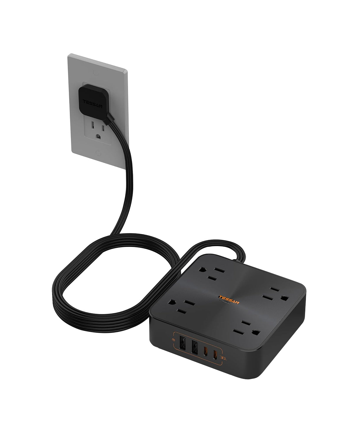 TESSAN Flat Plug Power Strip With USB Ports(2 USB A + 2 USB C), 30W Fast Charging, Surge Protection