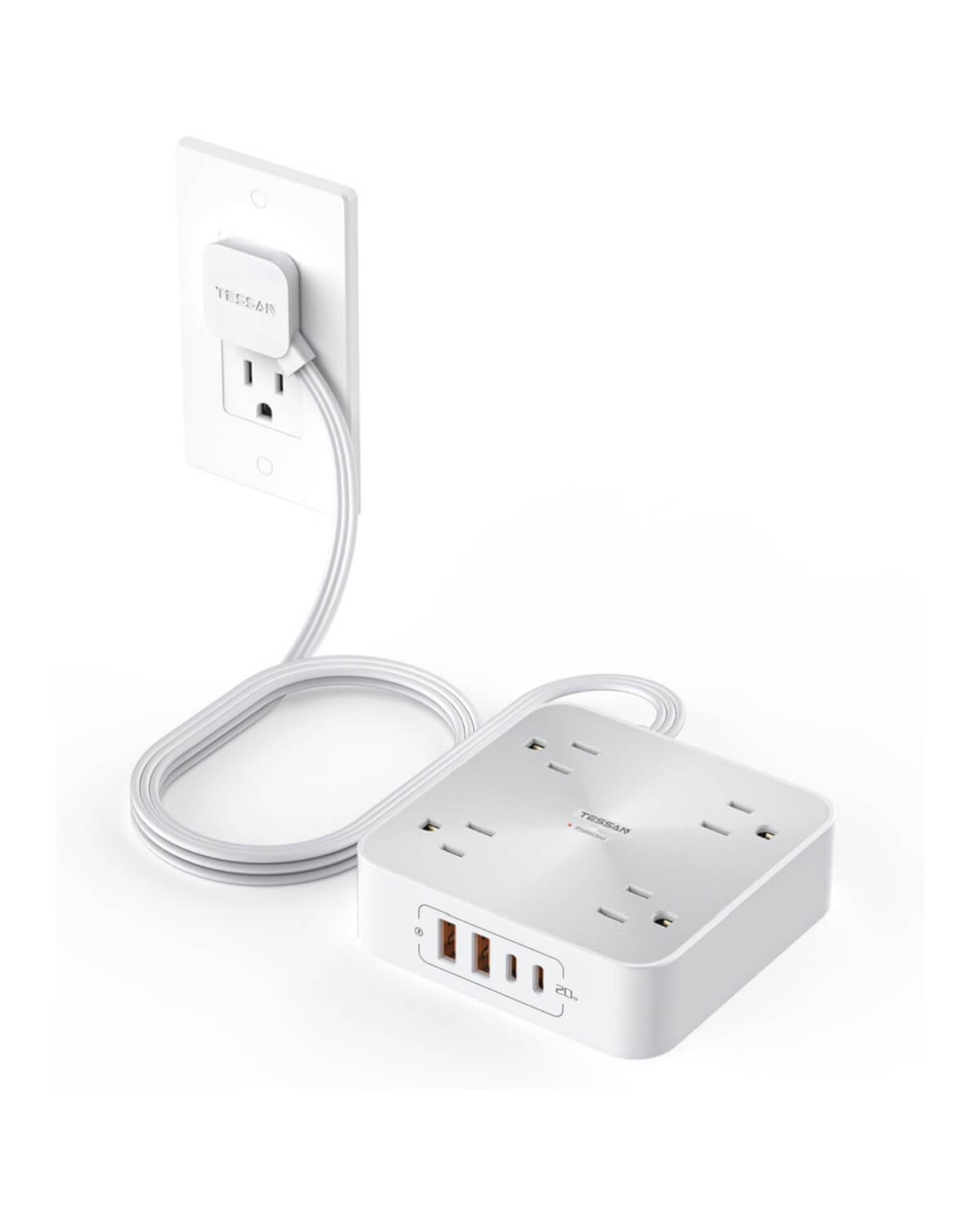 TESSAN Flat Plug Power Strip With USB Ports(2 USB A + 2 USB C), 30W Fast Charging, Surge Protection