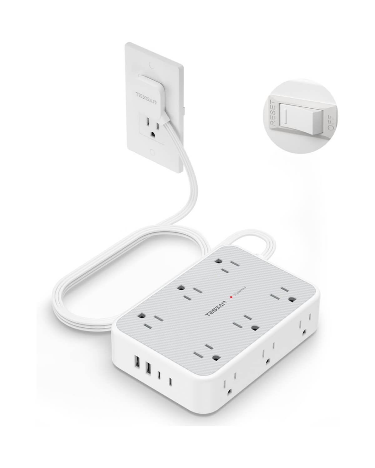 Tessan Flat Extension Cord Surge Protector Power Strip PS02