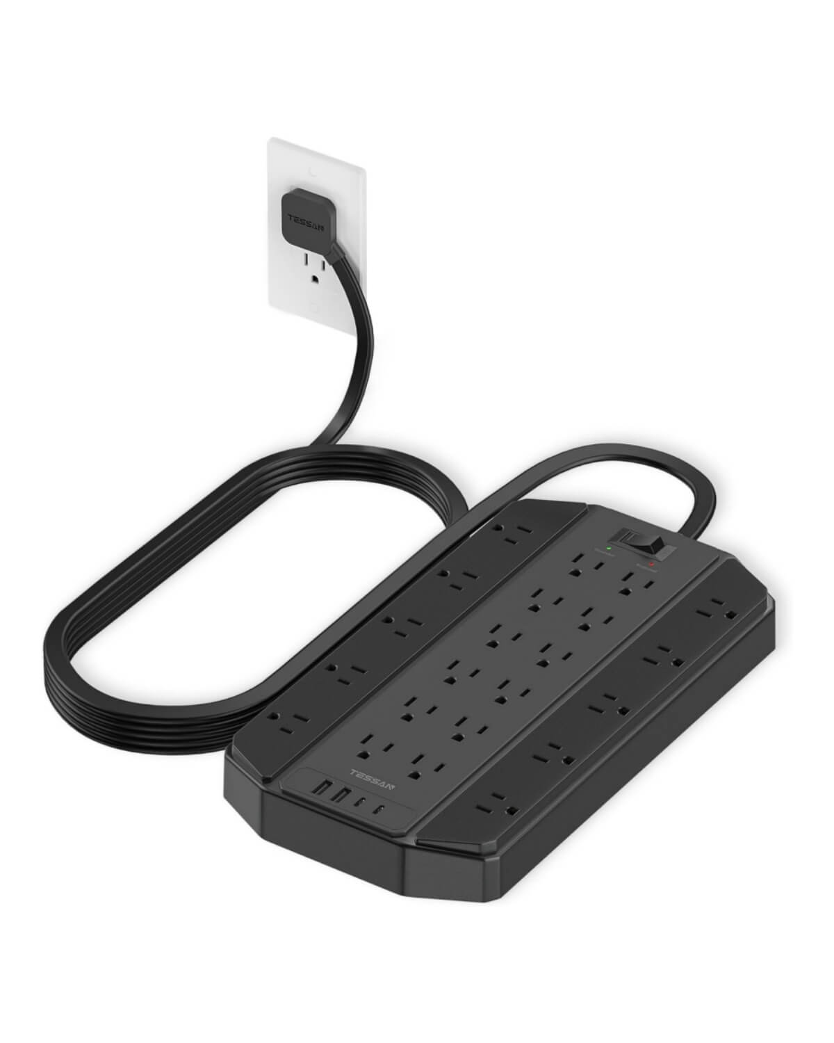 Tessan Flat Extension Cord Power Strip 22 Outlets Black