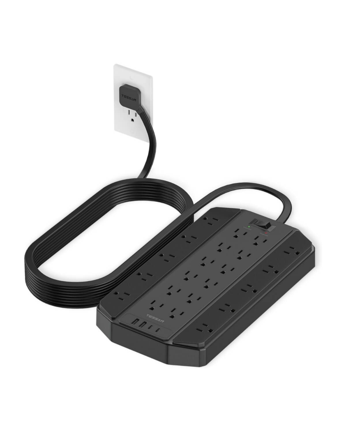 Tessan Flat Extension Cord Power Strip 22 Outlets Black