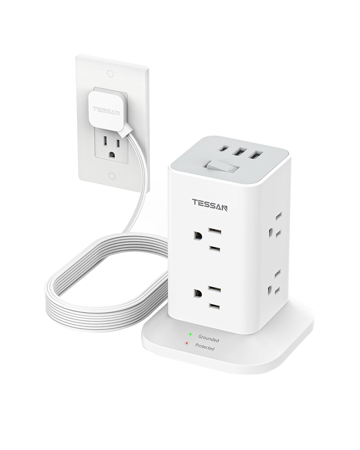 TESSAN Space-Saving Tower Strip With USB Ports, Surge Protection, Convenient ON/OFF Switch