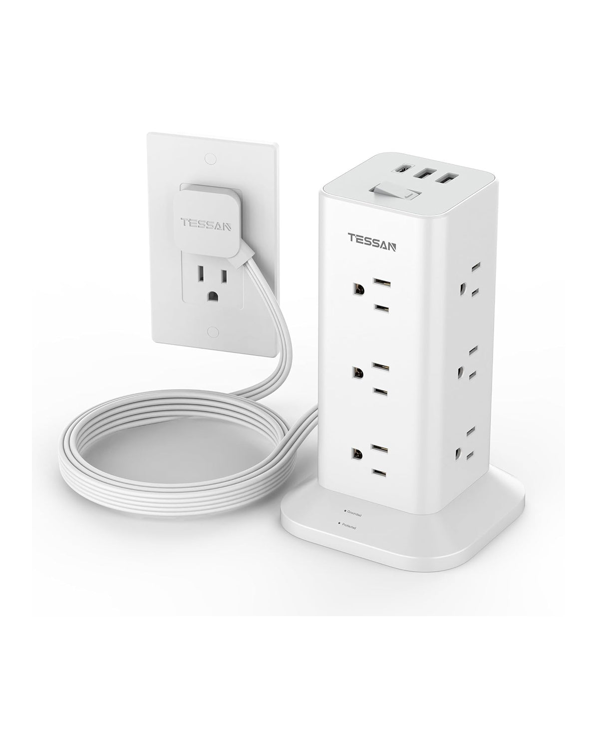 TESSAN Flat Plug Tower Strip With USB Ports (12 AC + 2 USB A + 1 USB C), Extended Flat Cord, Surge Protection