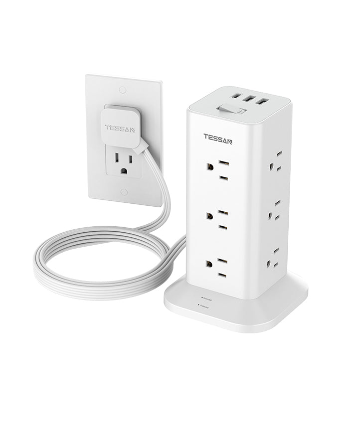 TESSAN Flat Plug Tower Strip With USB Ports (12 AC + 2 USB A + 1 USB C), Extended Flat Cord, Surge Protection