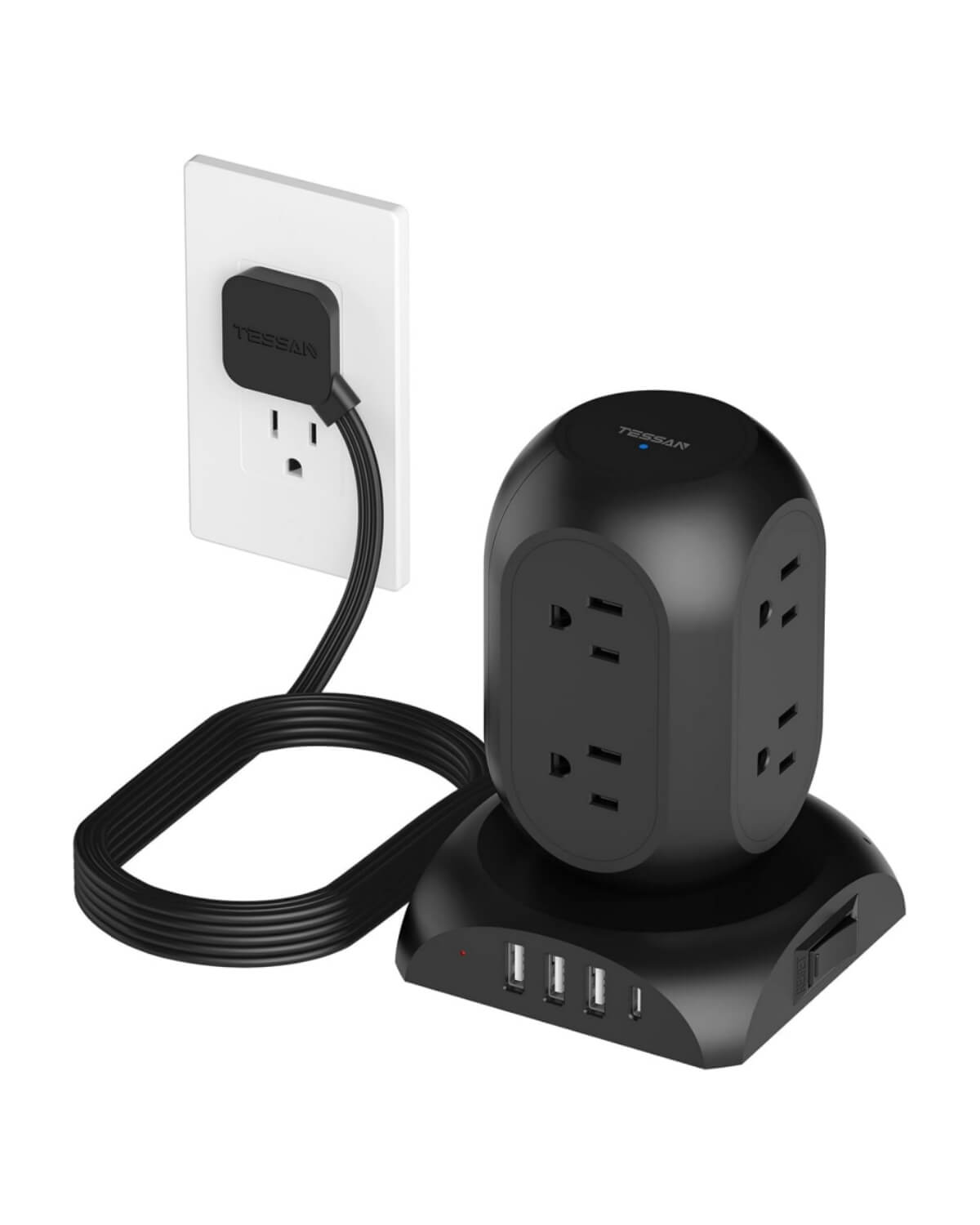 TESSAN Flat Plug Extension Cord 10 Ft with 8 AC Multiple Outlets 4 USB Ports (1 USB C)