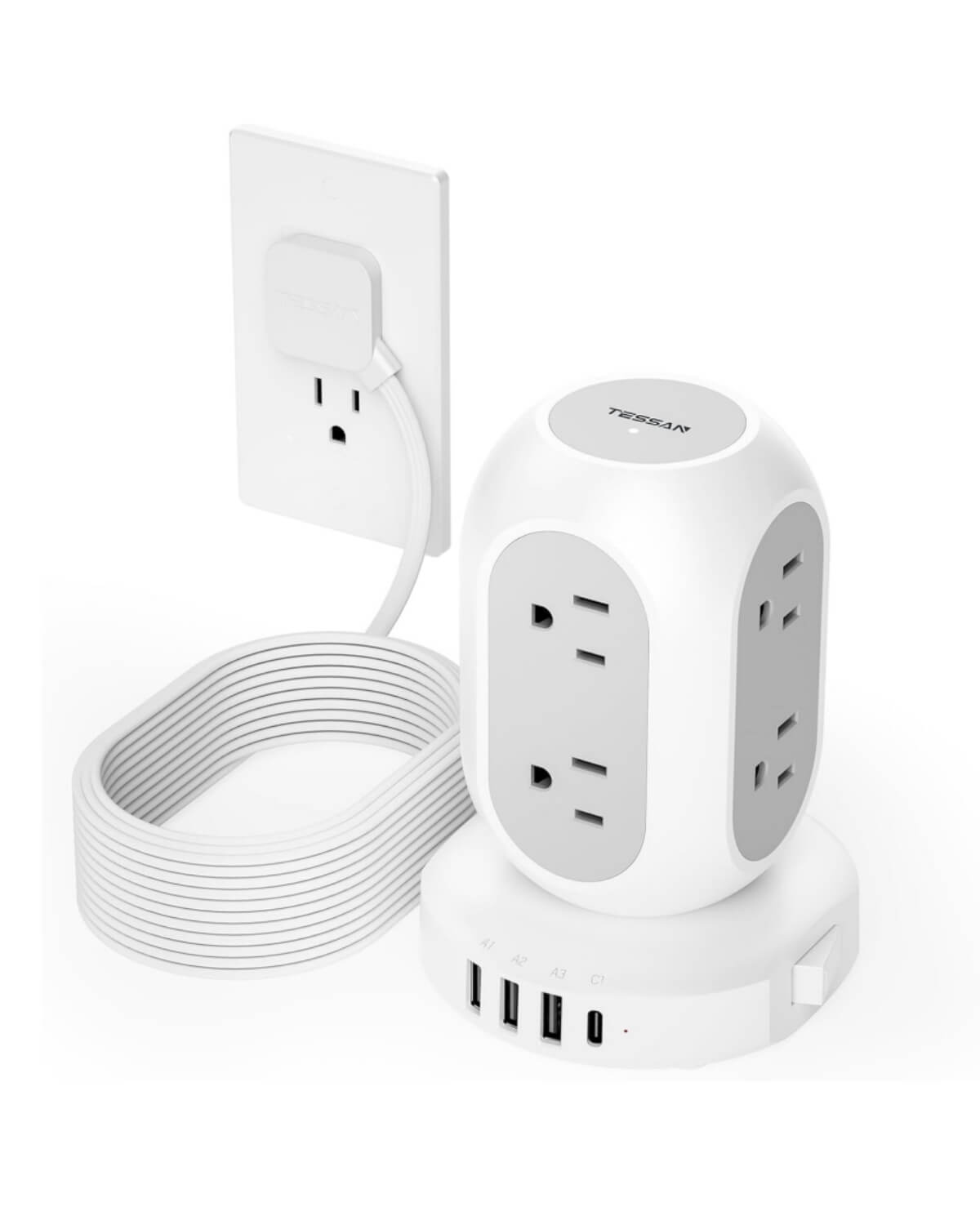 TESSAN Flat Plug Extension Cord 10 Ft with 8 AC Multiple Outlets 4 USB Ports (1 USB C)