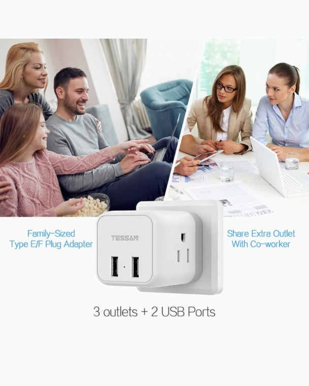 US To Germany/France Travel Plug Adapter With 3 Outlets 2 USB Ports (Type E/F Plug)
