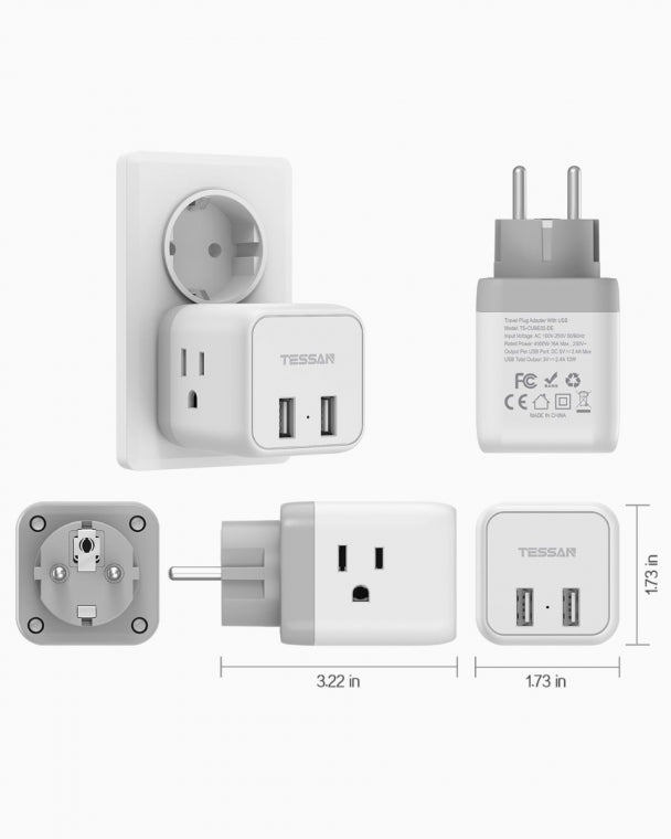 US To Germany/France Travel Plug Adapter With 3 Outlets 2 USB Ports (Type E/F Plug)
