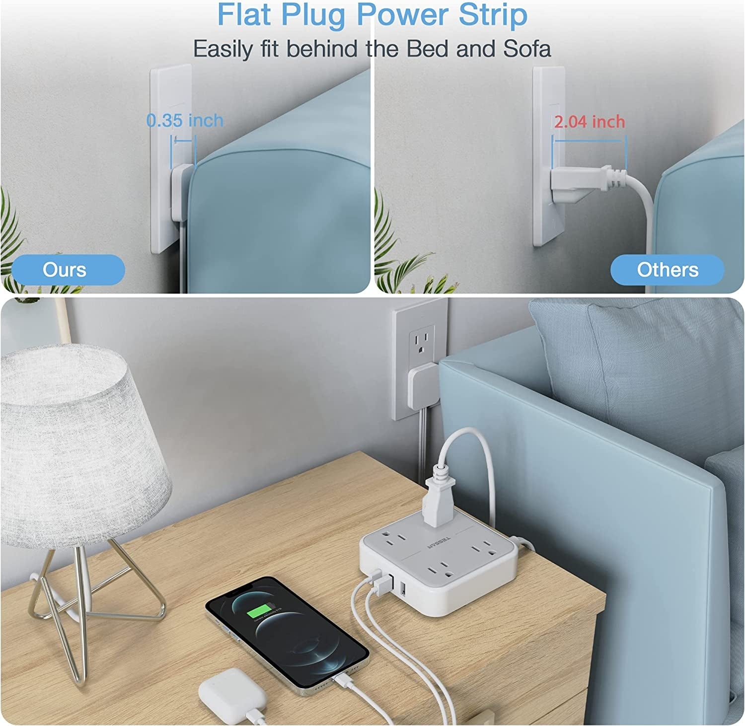 Flat Plug Power Strip 5 FT Extension Cord Flat Plug With 4 Outlets 3 USB Wall Charger(1 USB C Port)
