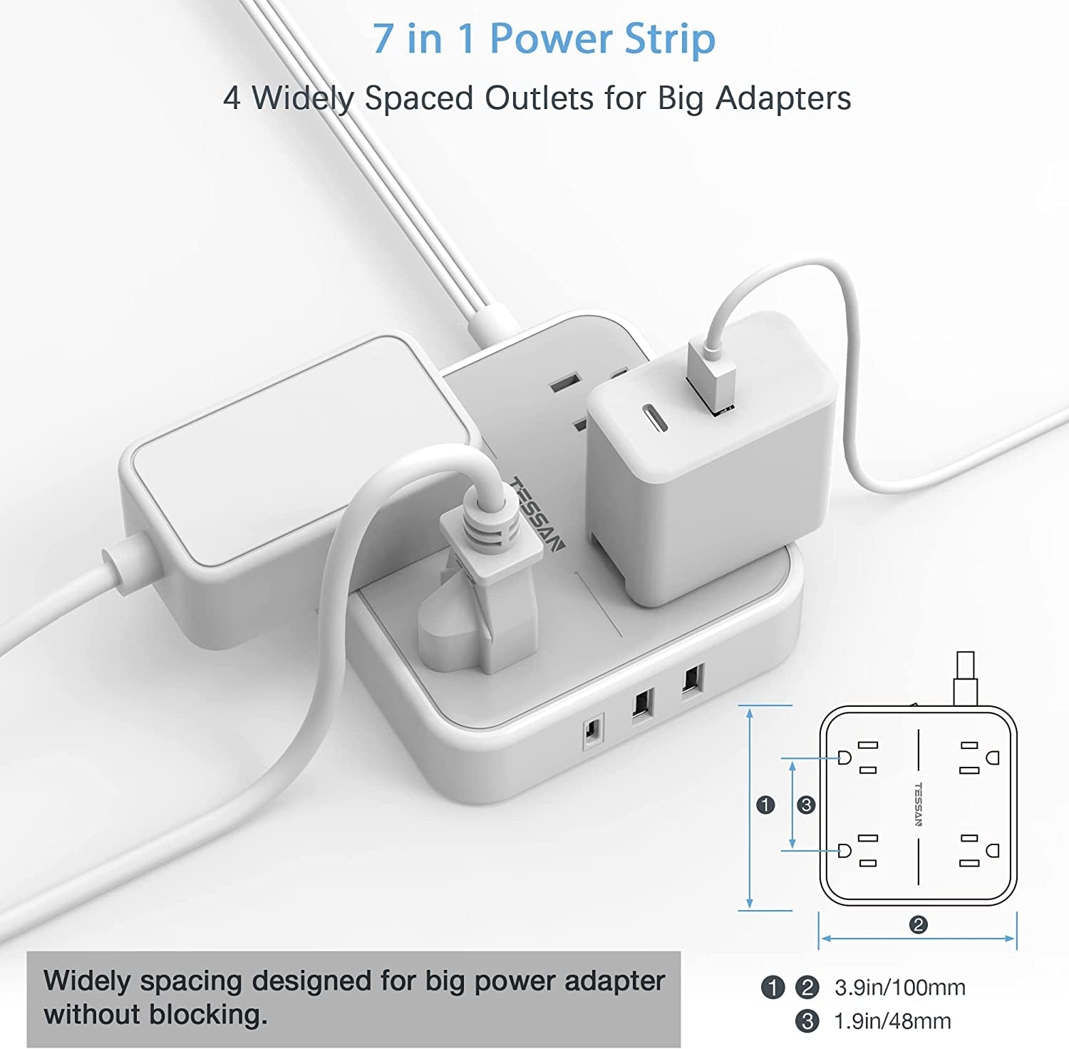 Flat Plug Power Strip 5 FT Extension Cord Flat Plug With 4 Outlets 3 USB Wall Charger(1 USB C Port)