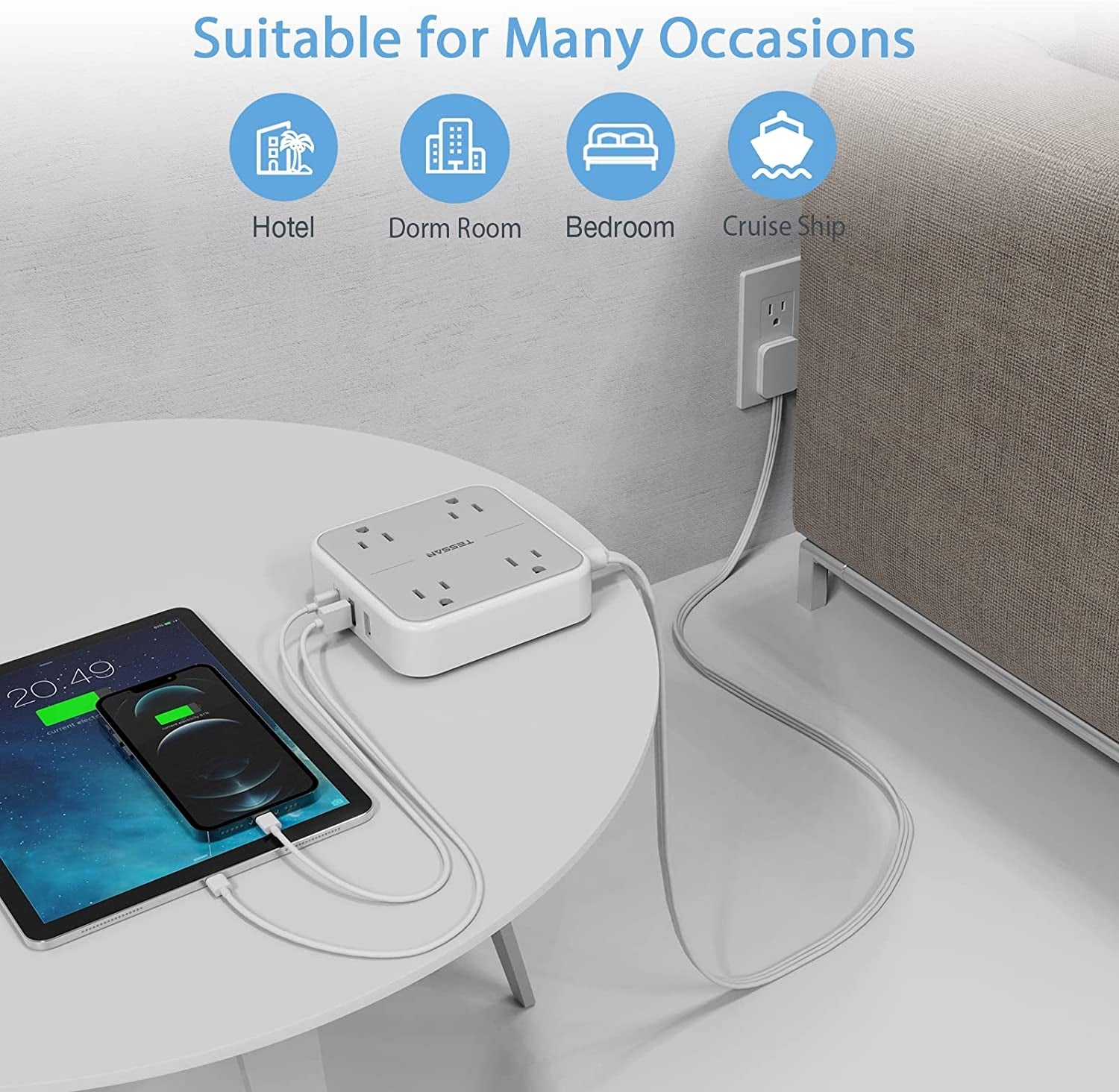 Flat Plug Power Strip 5 FT Extension Cord Flat Plug With 4 Outlets 3 USB Wall Charger(1 USB C Port)